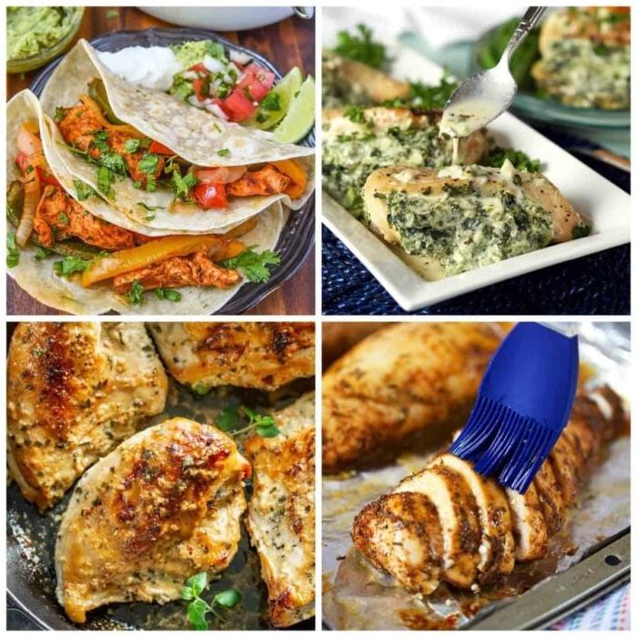 Le migliori ricette di petto di pollo al forno 3 Collage di quattro ricette di petto di pollo al forno: petto di pollo al forno con un pennello blu, petto di pollo ripieno di spinaci su un piatto bianco, tacos di fajita di pollo e petto di pollo croccante al forno.