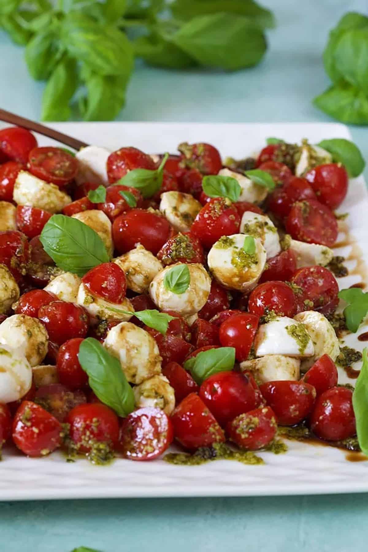 Insalata di Pomodoro e Mozzarella 3 Primo piano dell'Insalata Caprese su un piatto bianco, mostrando la texture dei pomodori e della mozzarella fresca.