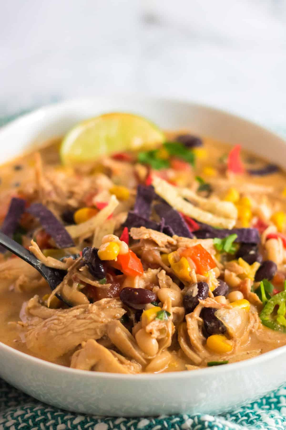 Zuppa di Tortilla al Pollo 5 Tortilla strips are spread across the top of a bowl of soup.