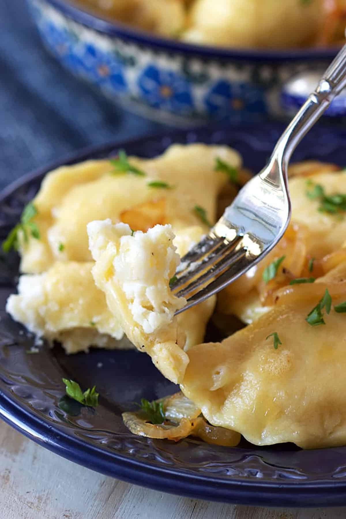 La migliore ricetta di pierogi di patate 7 Un boccone di pierogi di patate su una forchetta sopra un piatto blu con tre pierogi.