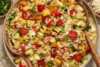 Charred Vegetable and Peach Orzo Summer Salad