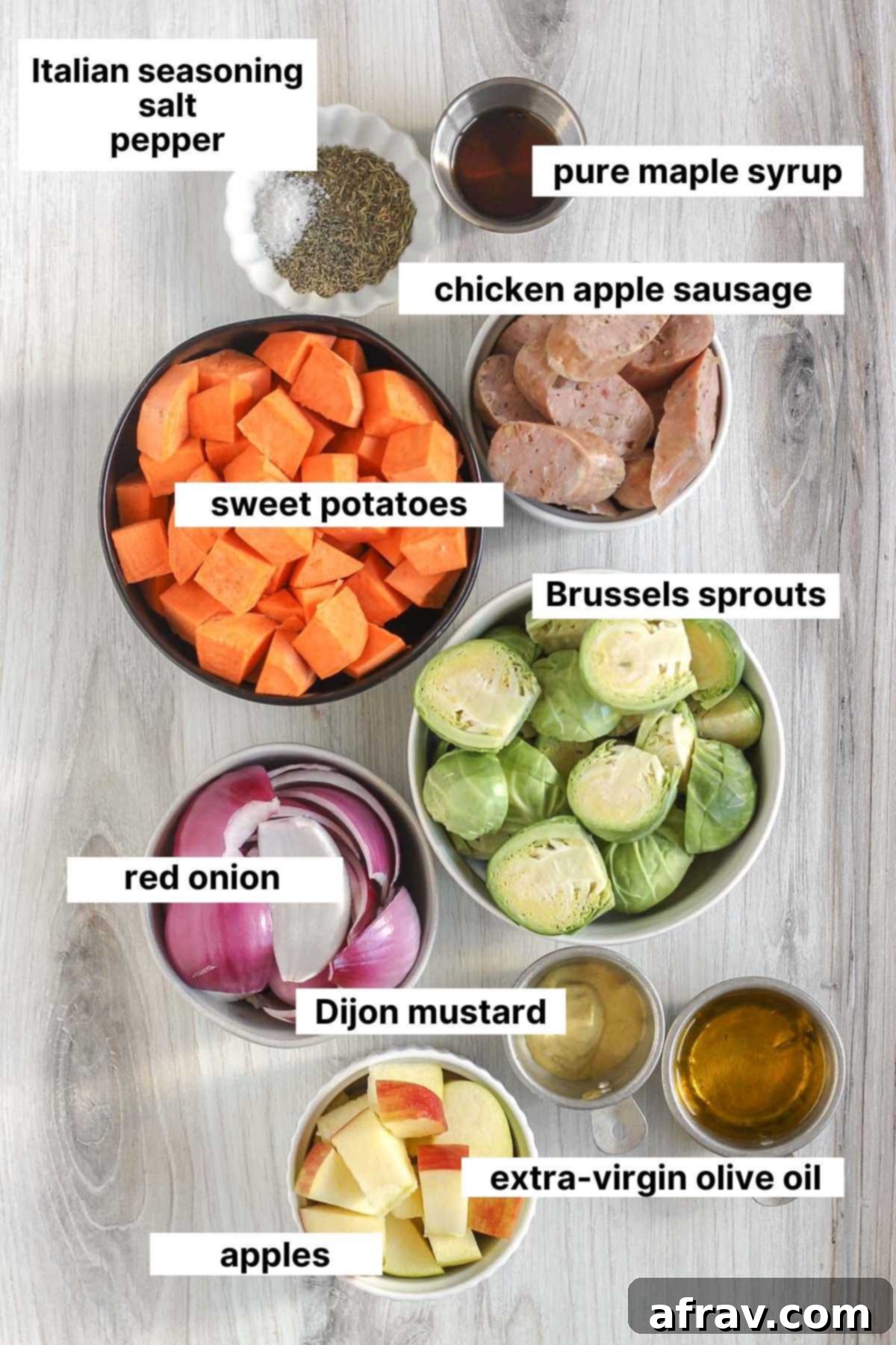Labeled ingredients needed for chicken apple sausage sheet pan dinner.
