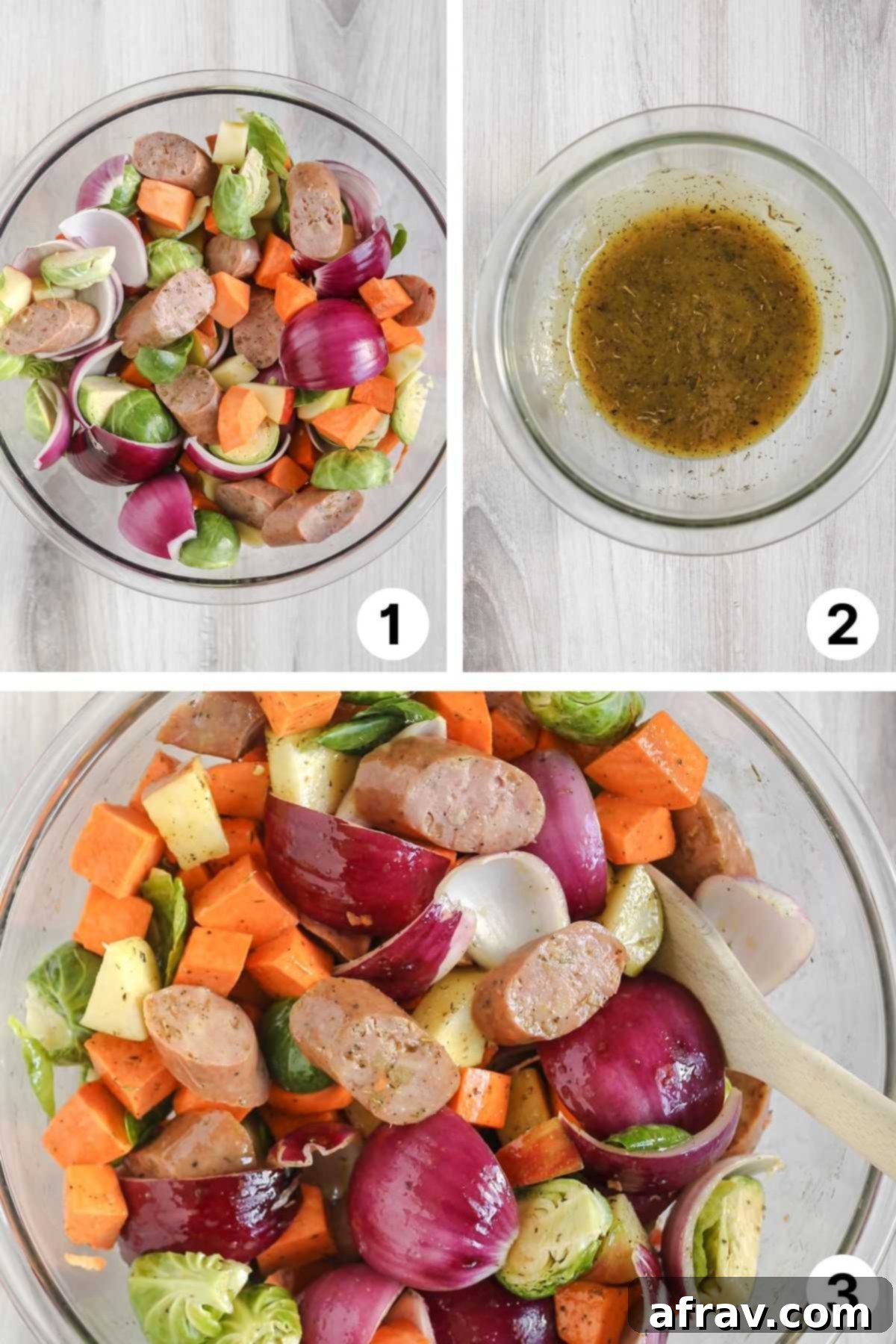 Three quadrants showing chopped veggies /sausage, marinade, and veggies/sausage mixed with marinade.