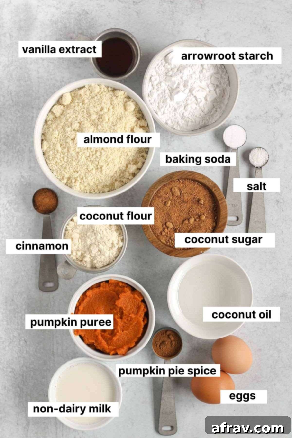 Labeled ingredients needed for Paleo pumpkin muffins.