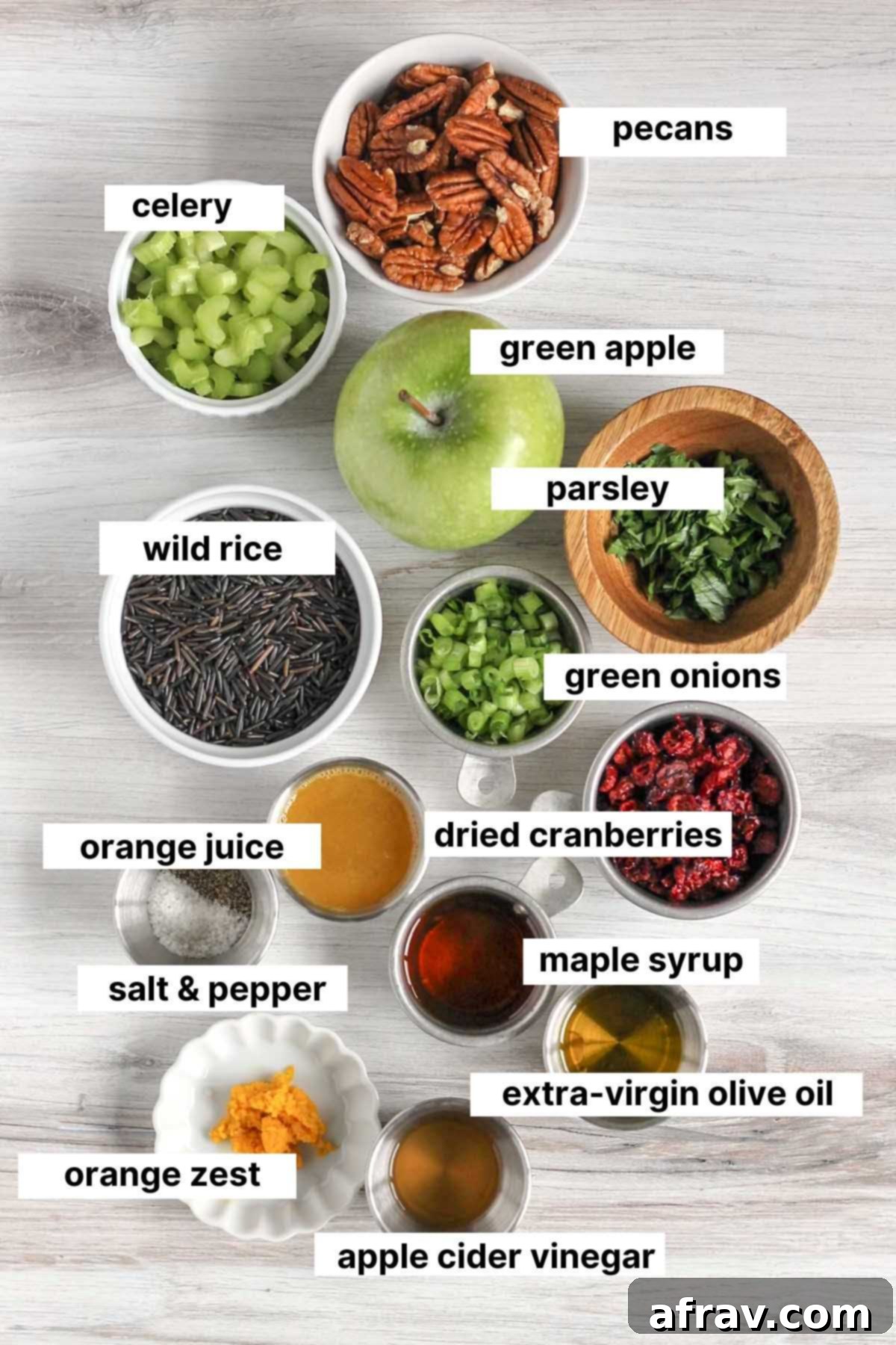 Labeled ingredients for cold wild rice salad.