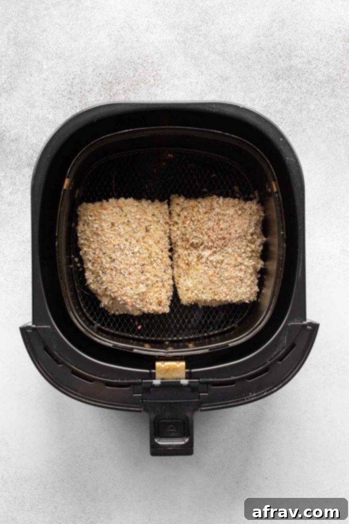 Overhead view of two uncooked breaded cod fillets in an air fryer basket.