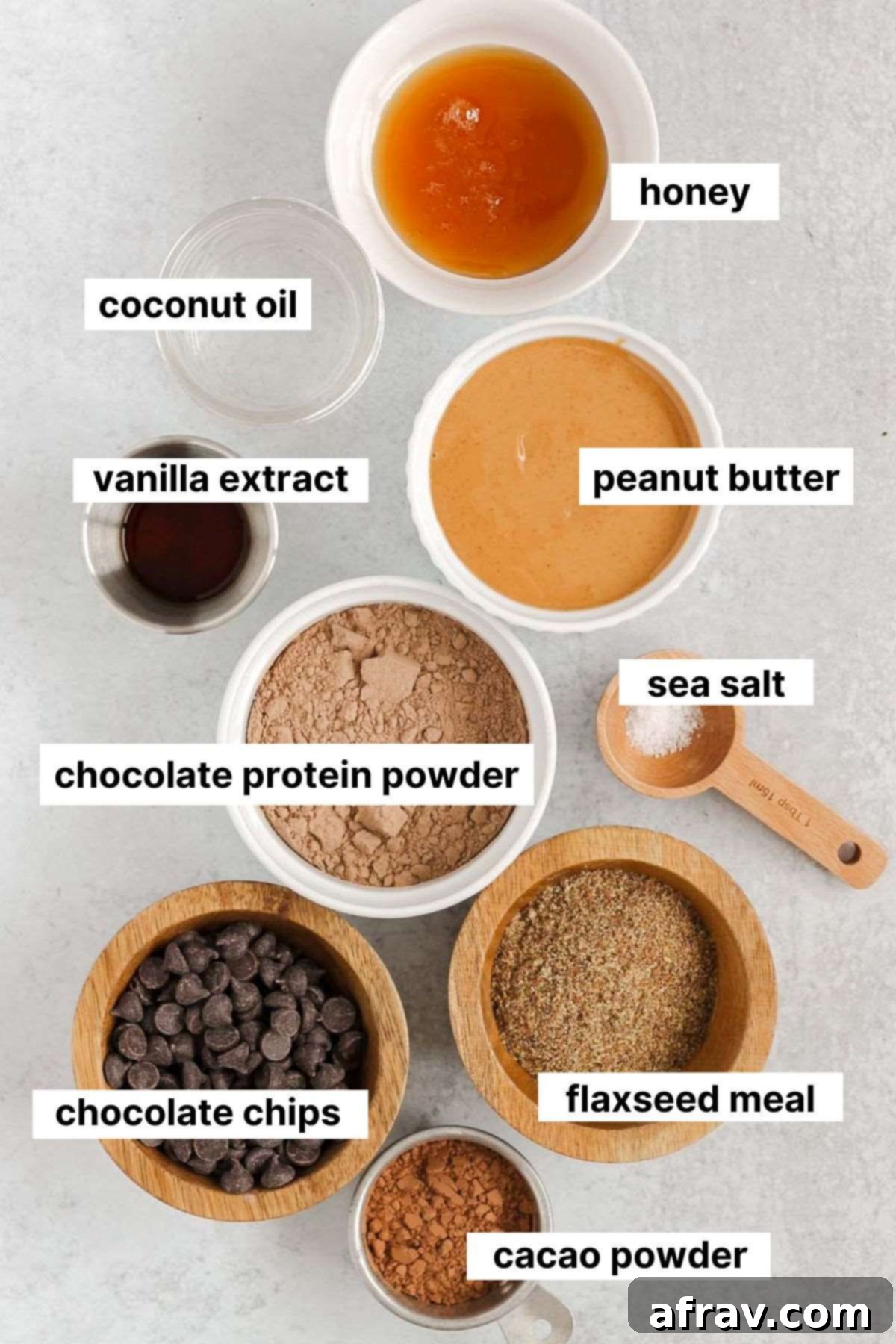 Homemade No-Bake Chocolate Protein Bars 3 Labeled ingredients for chocolate protein bars.