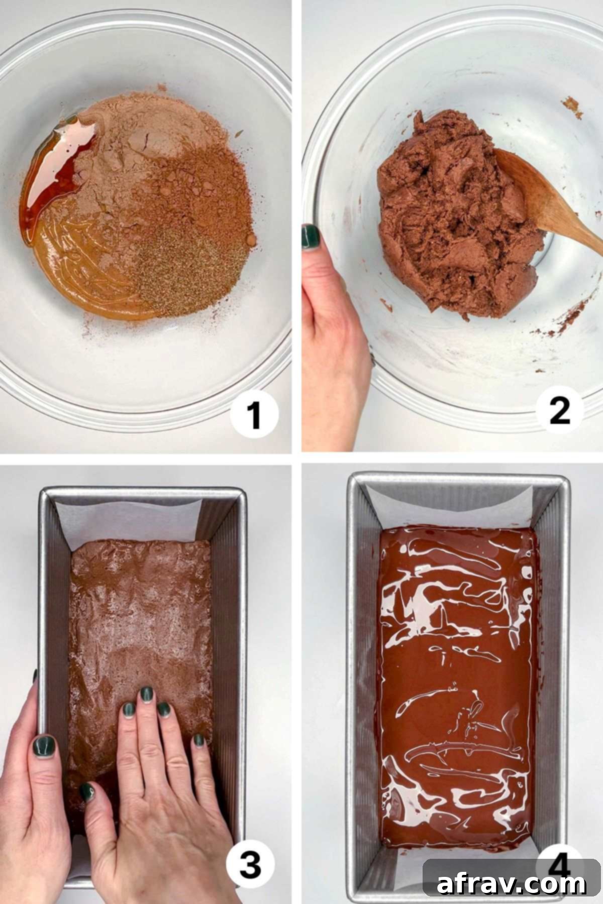 Homemade No-Bake Chocolate Protein Bars 4 Quadrants showing process shots for making protein bar "dough," adding to loaf pan, and covering with chocolate.