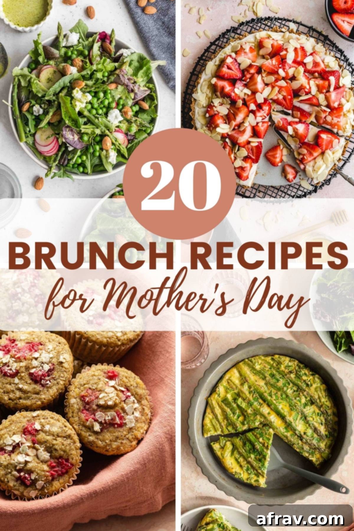 Collage of four brunch recipe images with text in the middle promoting 20 brunch recipes for Mother's Day.