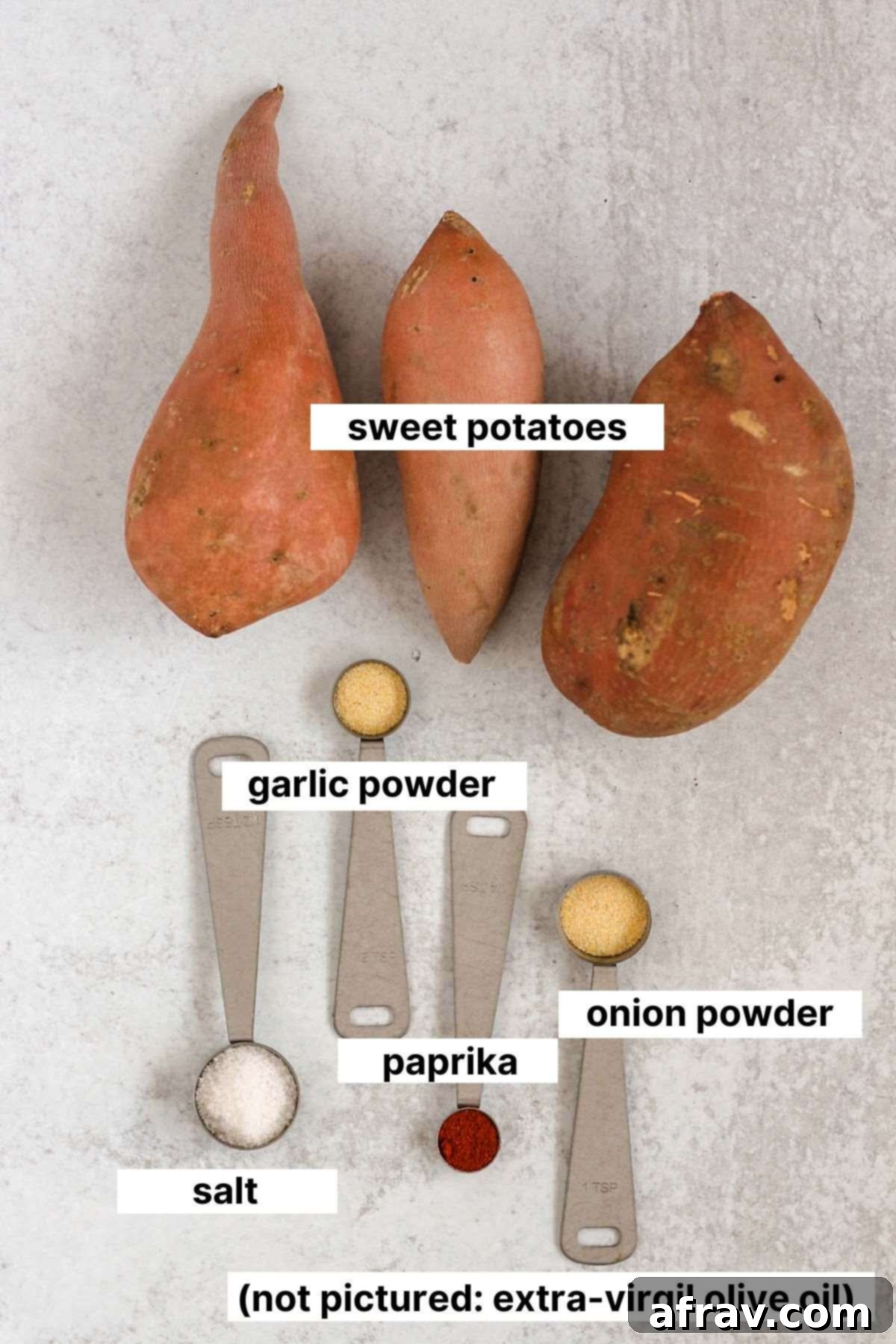 Labeled ingredients needed for air fryer sweet potato cubes.