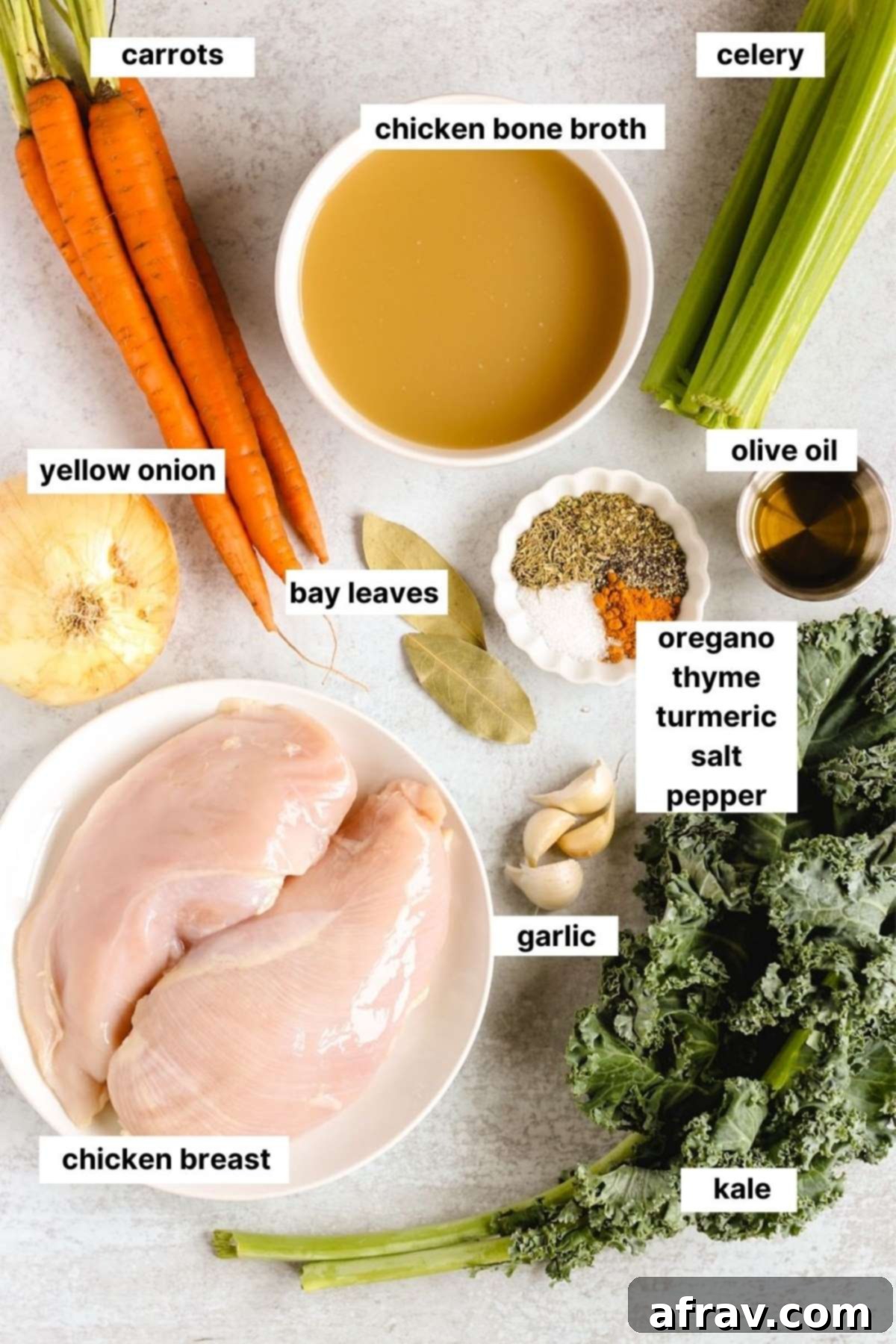 Labeled ingredients for chicken and kale soup.