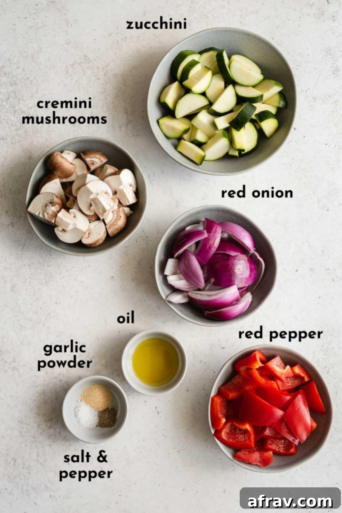 Crispy Air Fryer Veggies 3 Ingredients to make air fryer vegetables arranged individually and labelled.