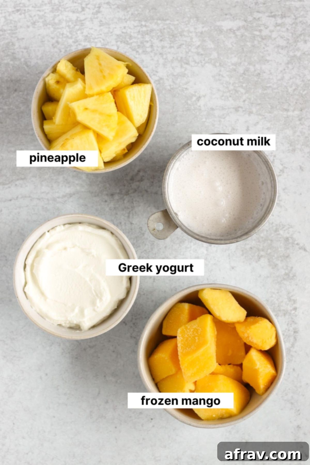 Tropical Mango Pineapple Blend 3 Labeled ingredients needed for mango pineapple smoothie.