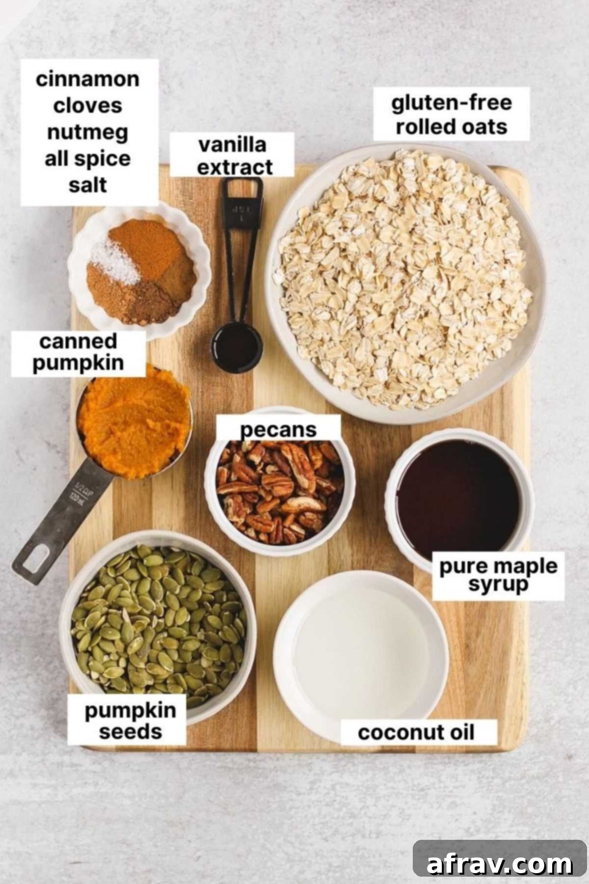 Wholesome Pumpkin Crunch Granola Gluten Free Plant Based 3 Neatly arranged and labeled ingredients for homemade pumpkin granola, including oats, pecans, pumpkin puree, and spices.