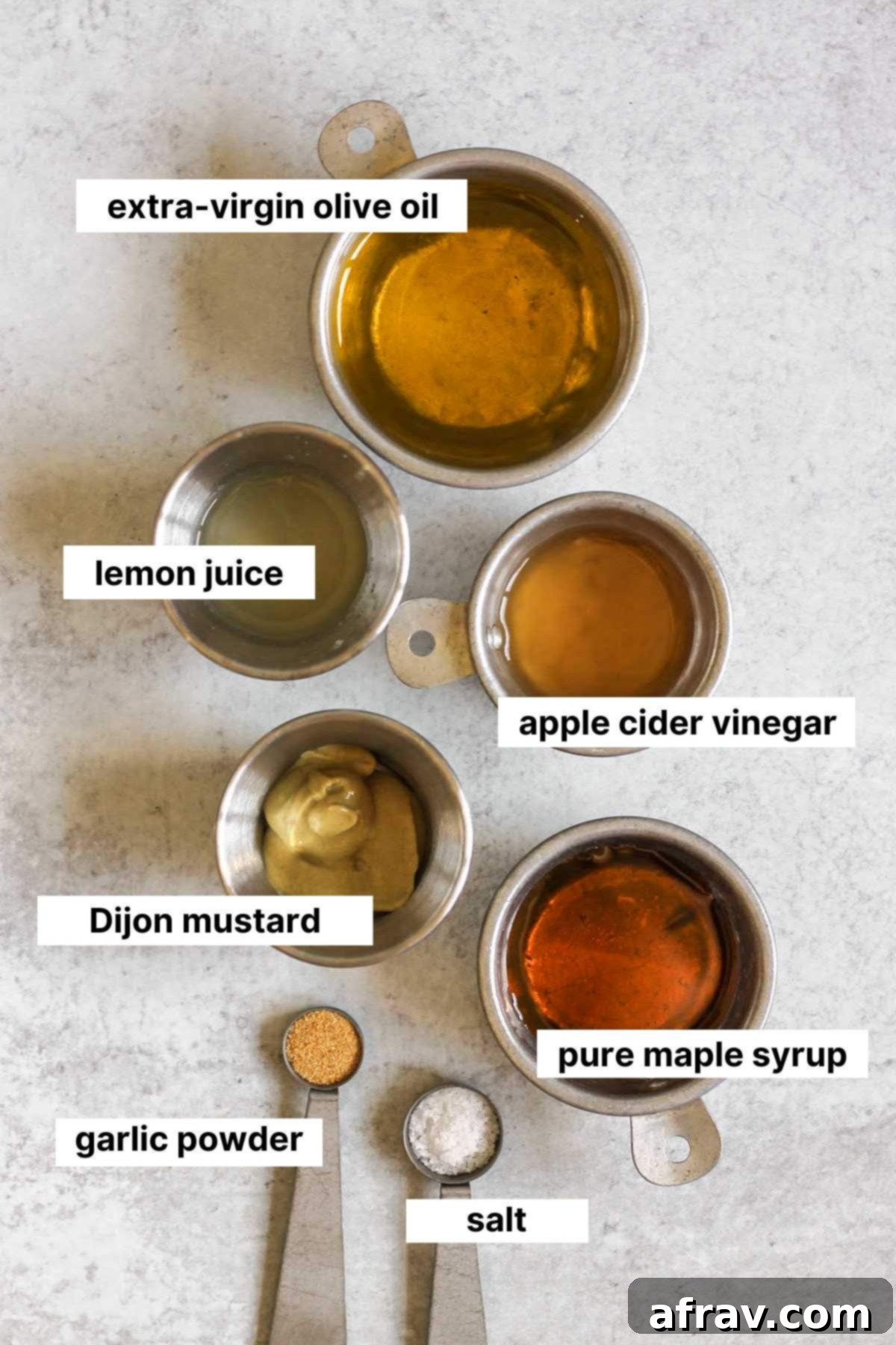 Labeled ingredients needed for maple Dijon dressing.