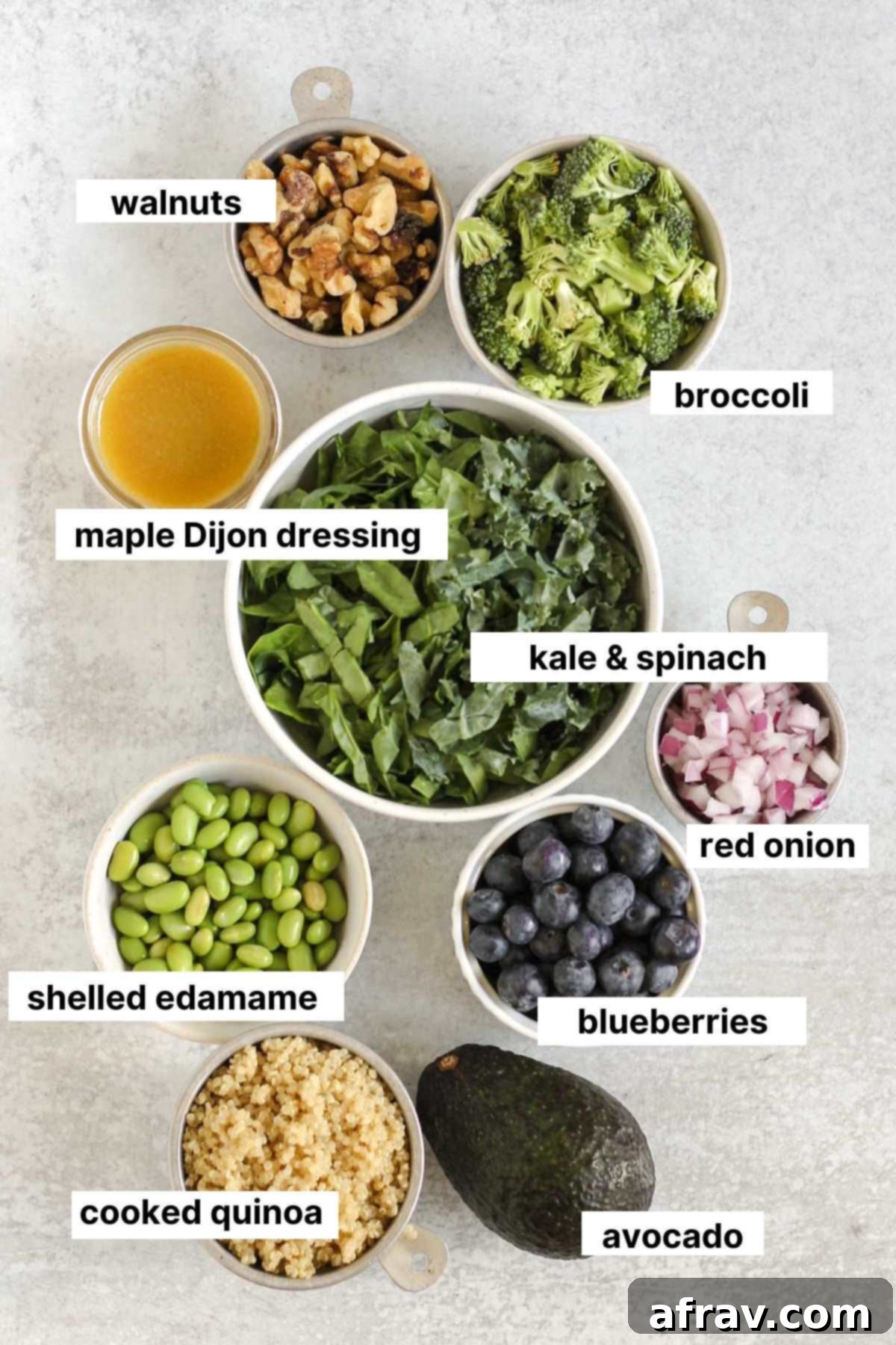 Power-Packed Superfood Salad 3 A well-organized flat lay of fresh ingredients for Superfood Salad, clearly labeled and ready for assembly. Includes dark leafy kale, vibrant spinach, cooked quinoa, bright blueberries, crunchy walnuts, shelled edamame, diced red onion, and fresh broccoli florets.