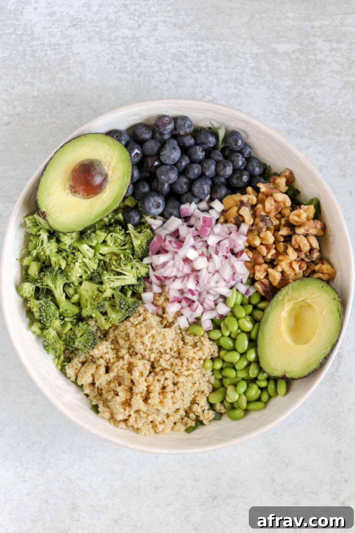 A large white bowl with sections of walnuts, vibrant soybeans, fluffy quinoa, finely diced red onion, fresh broccoli florets, and sweet blueberries, with two halves of creamy avocado placed on the sides, ready to be mixed into a superfood salad.