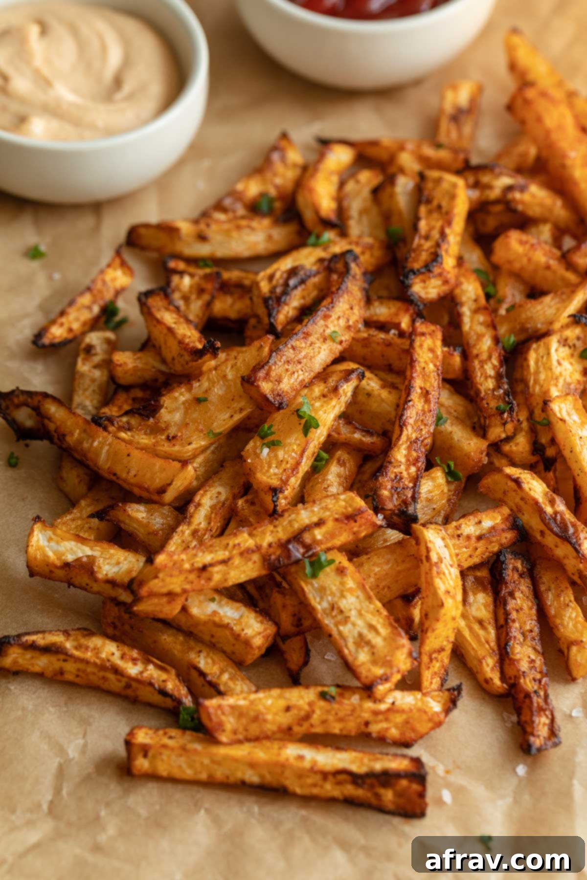 Close up of air fryer turnip fries with chopped parsley sprinkled on top.