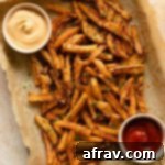 Overhead view of air fryer turnip fries arranged on a tray with ketchup and chipotle dip.