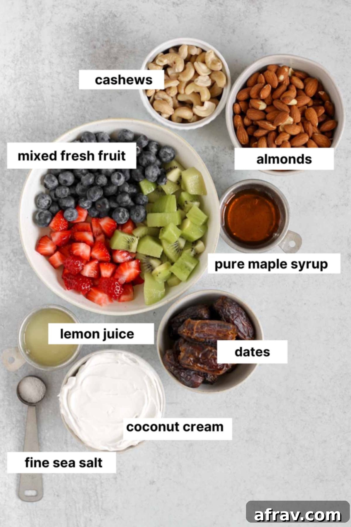 Effortless Fresh Vegan Fruit Tarts 3 All the essential labeled ingredients meticulously laid out, ready for preparing wholesome vegan no-bake fruit tarts.