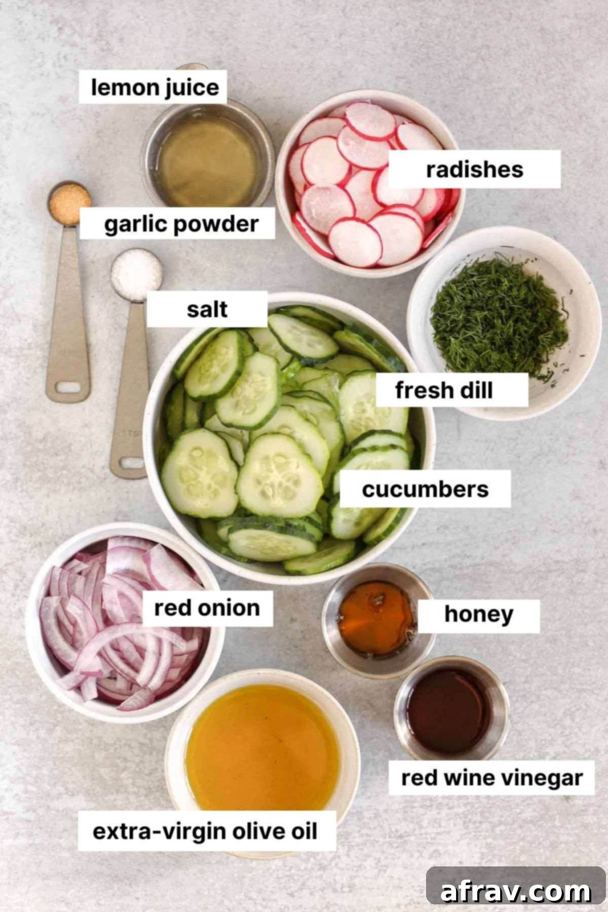 Labeled ingredients for cucumber, radish, and dill salad.