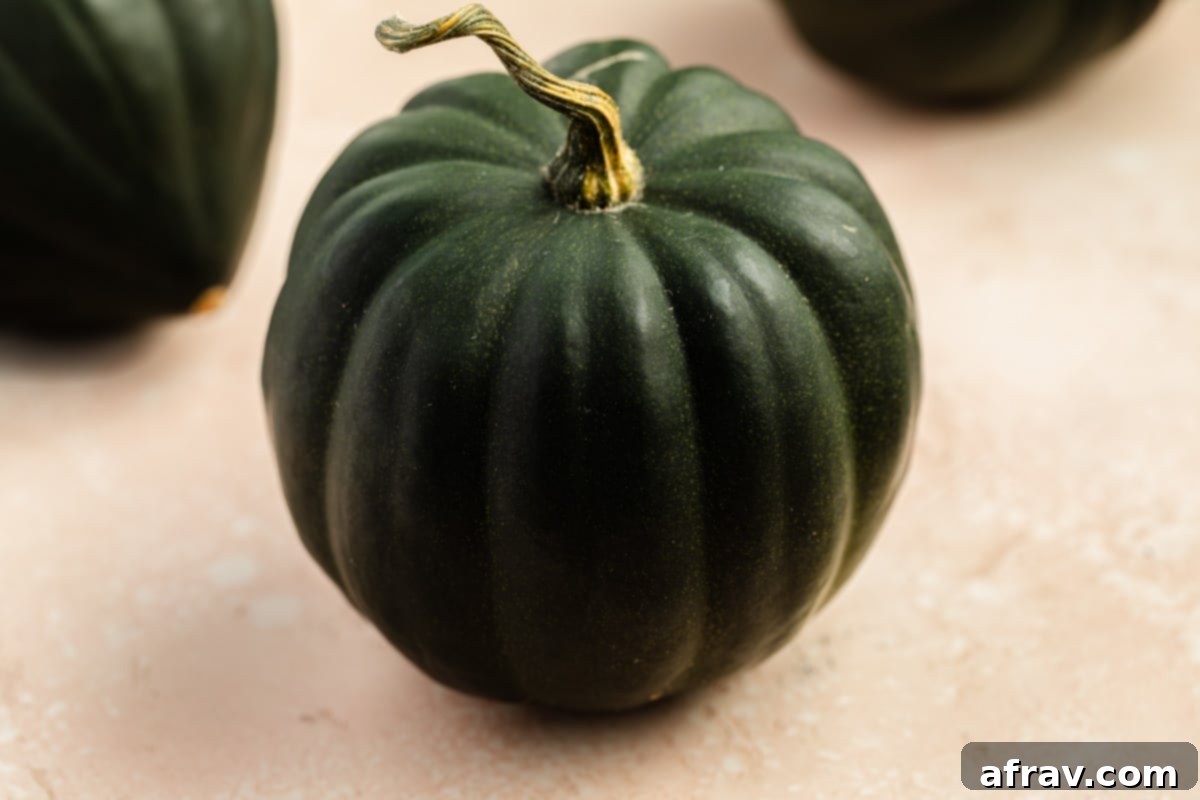 Side view of a whole acorn squash.