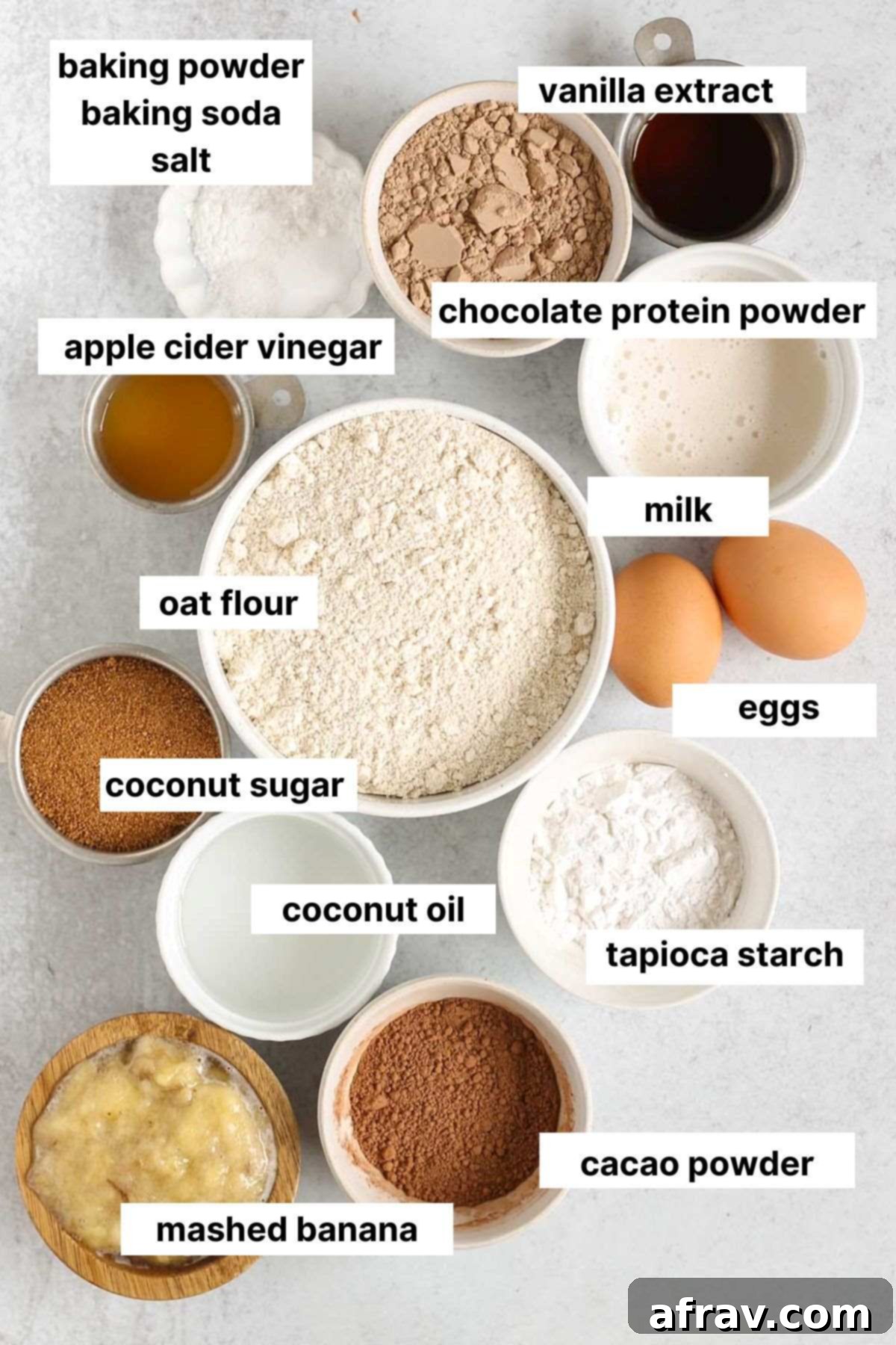 Labeled ingredients for chocolate protein banana bread.