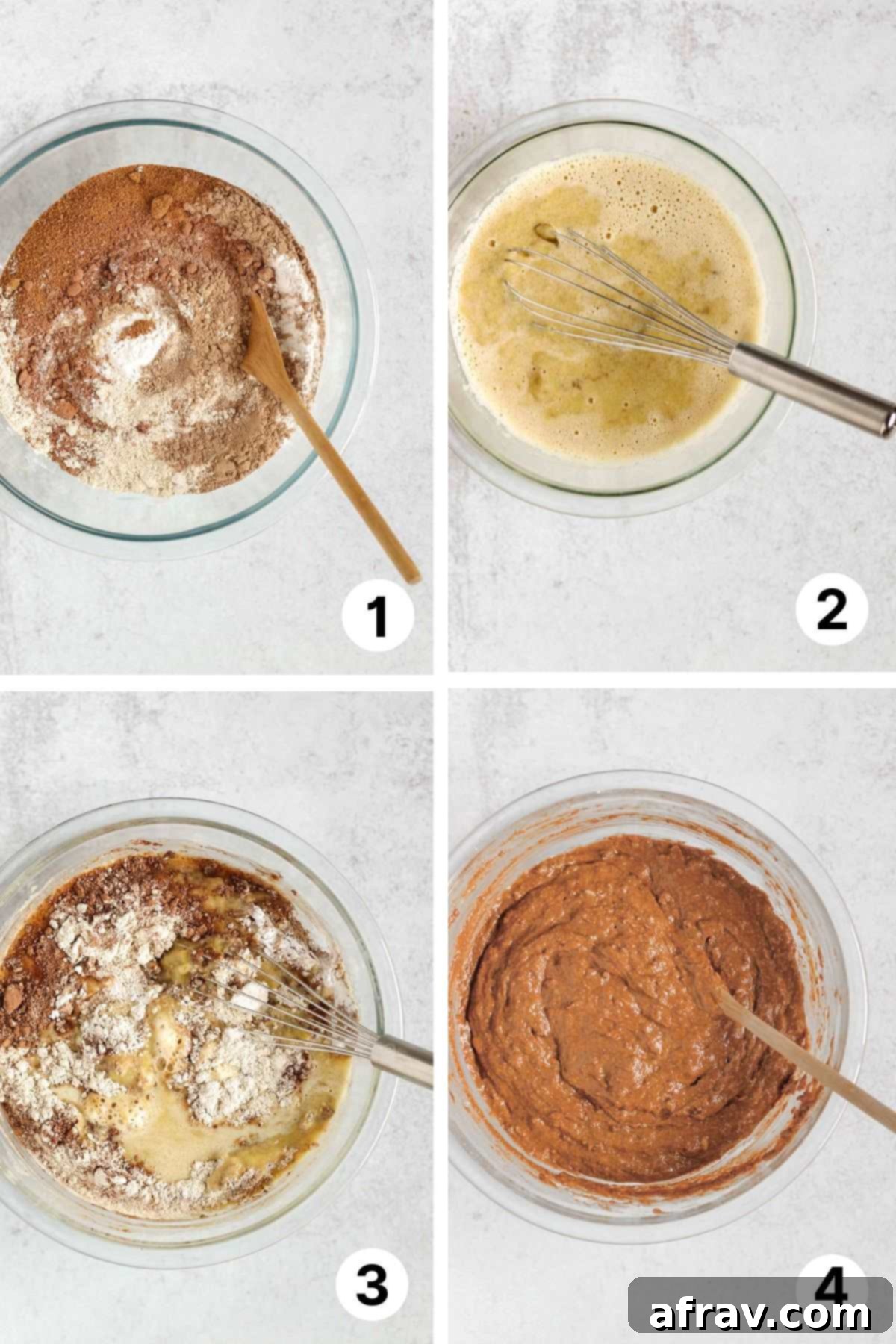 Numbered process shots for making chocolate bread batter.