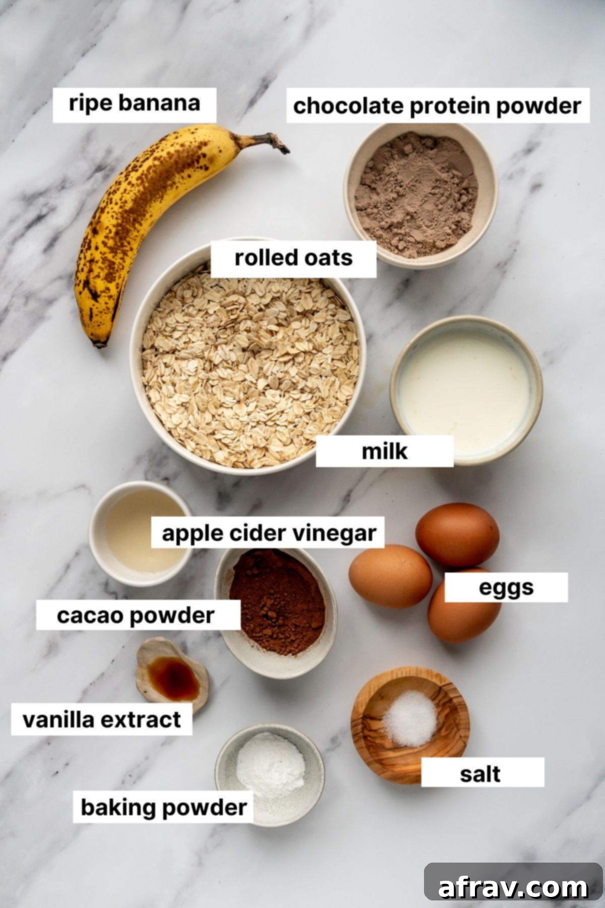 Labeled ingredients for chocolate protein pancakes.