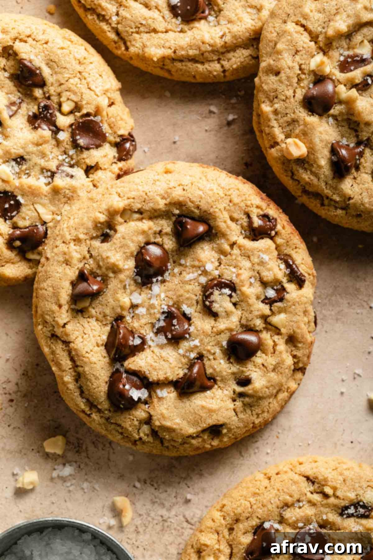 Close up of a single peanut butter chocolate chip cookie, showing its texture, melted chocolate, and flaky sea salt.