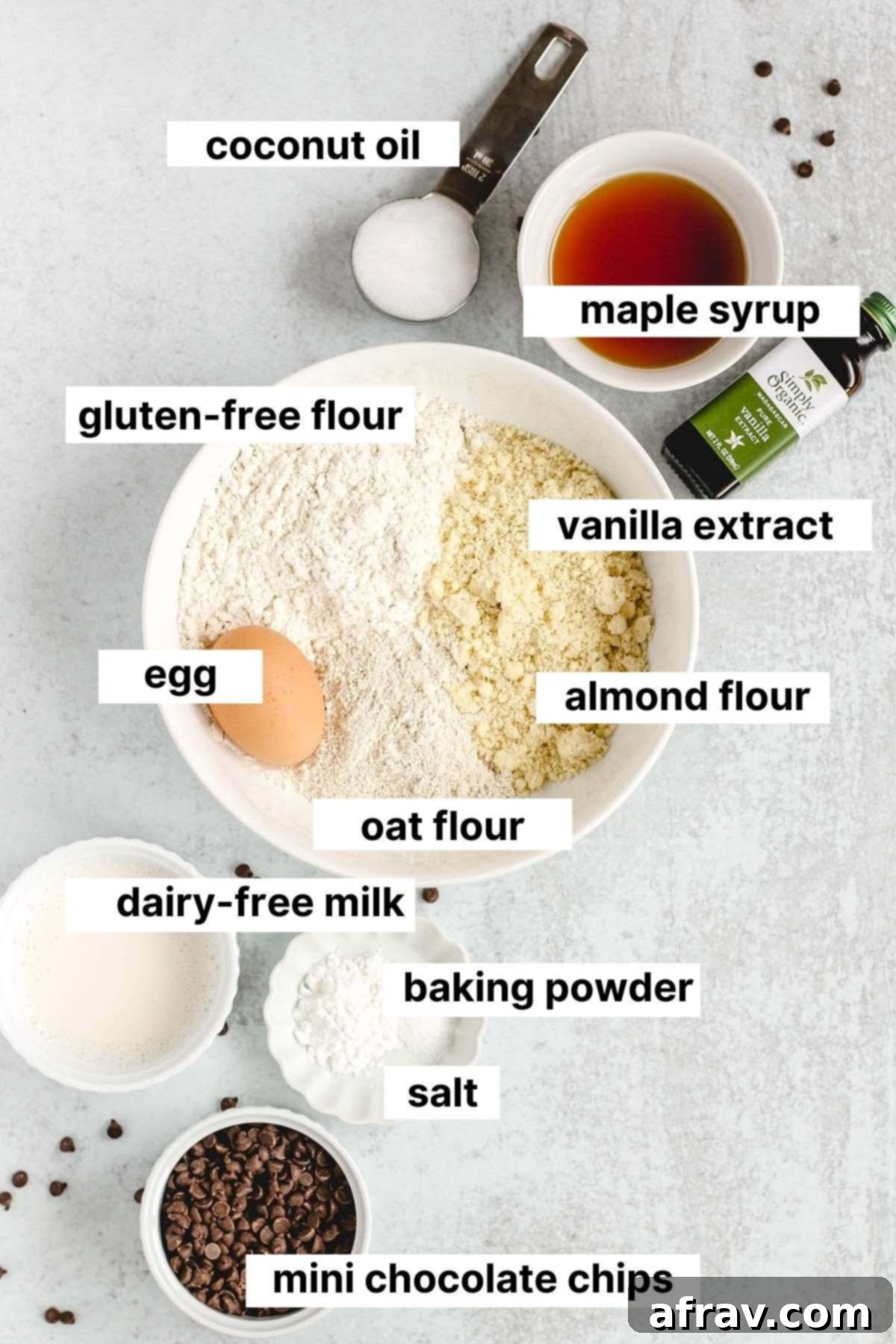 Labeled ingredients for gluten free chocolate chip muffins.
