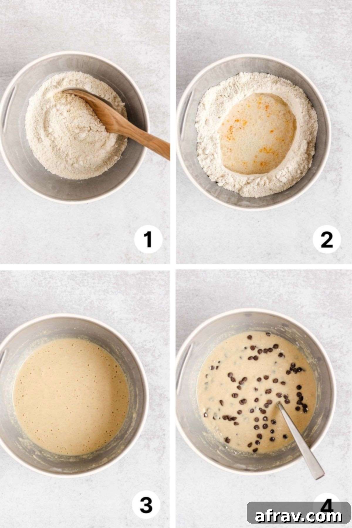 Gluten-Free Dairy-Free Mini Chocolate Chip Muffins 4 Process shots for making gluten-free mini muffins, showing mixing wet and dry ingredients and folding in chocolate chips.