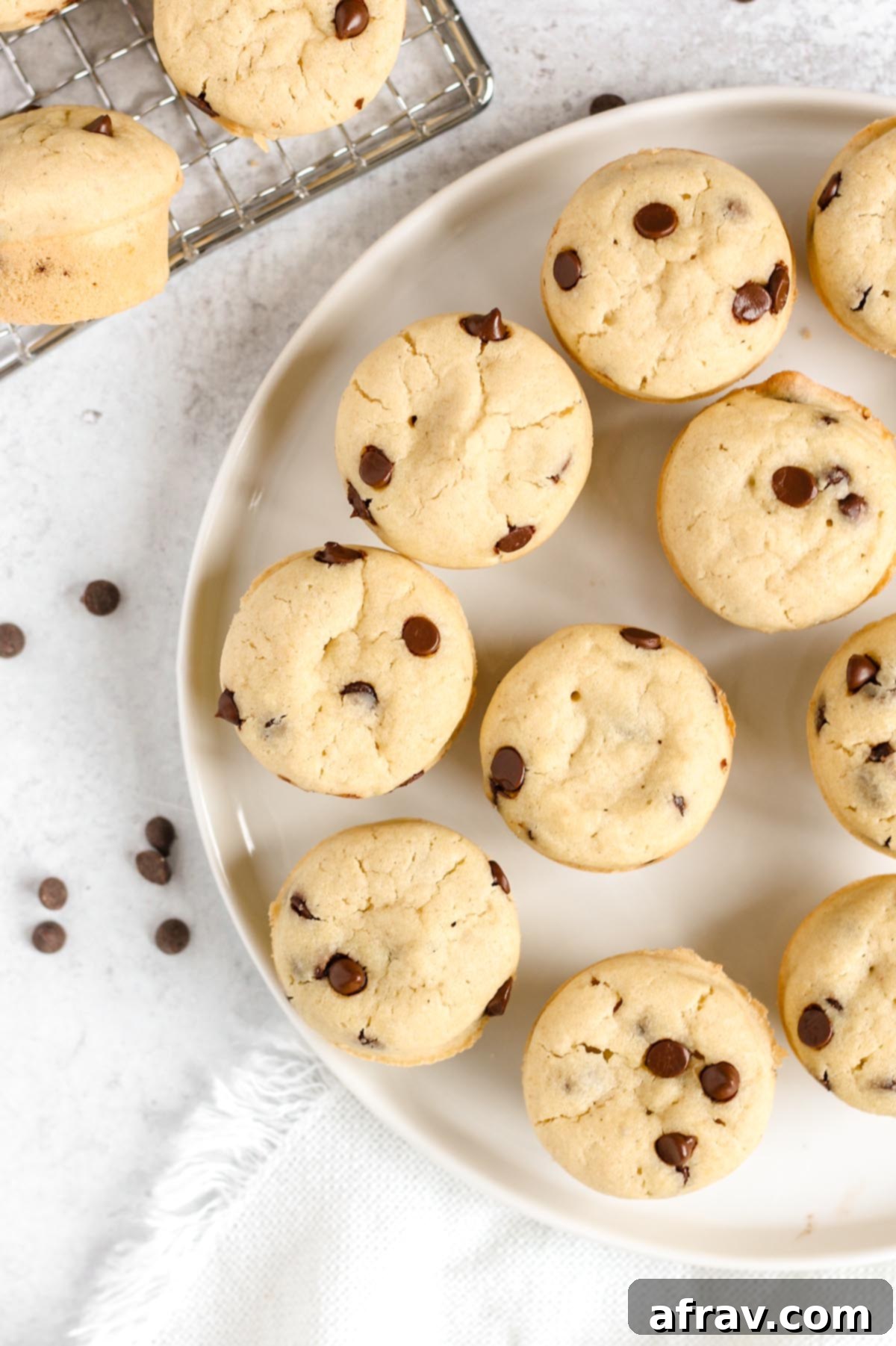 Gluten-Free Dairy-Free Mini Chocolate Chip Muffins 6 Round plate with several mini chocolate chip muffins, ready to be enjoyed.