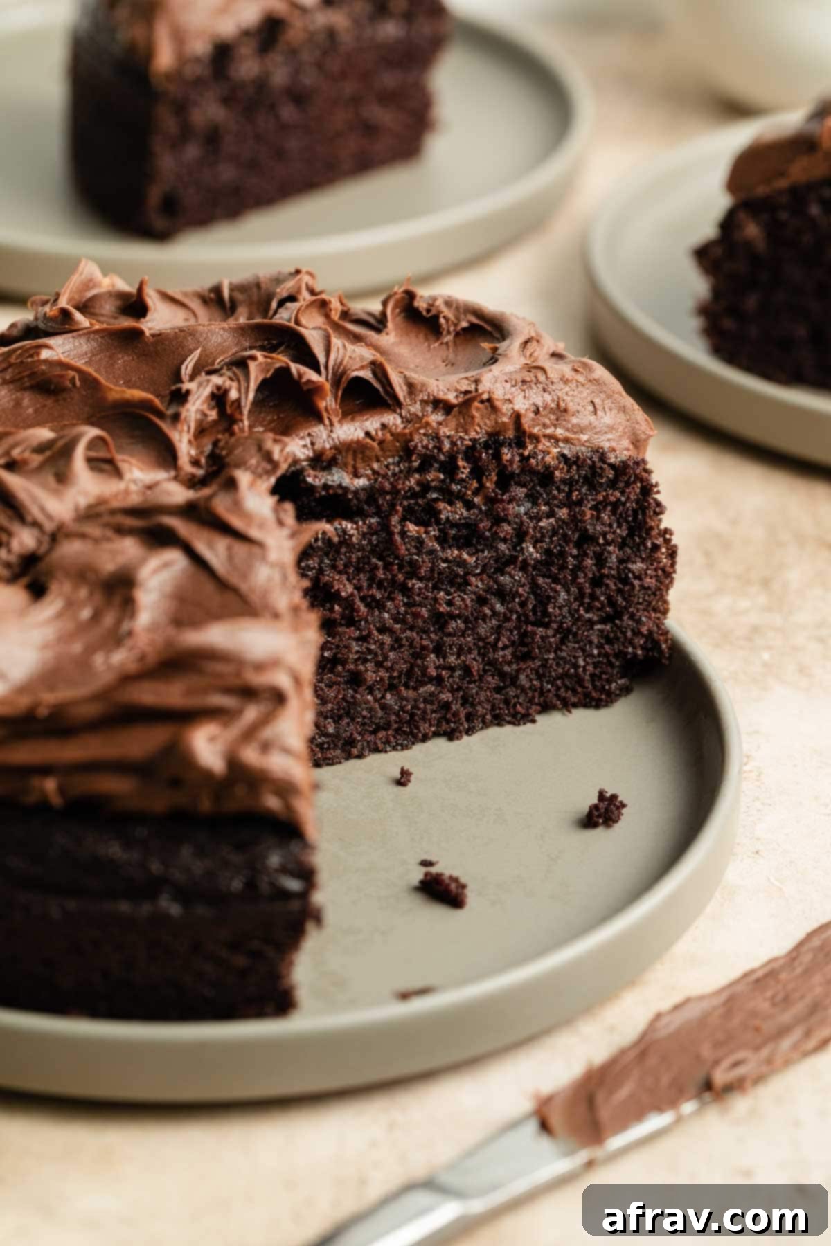 Side view of a cut chocolate cake, exposing the inside moist and soft texture.