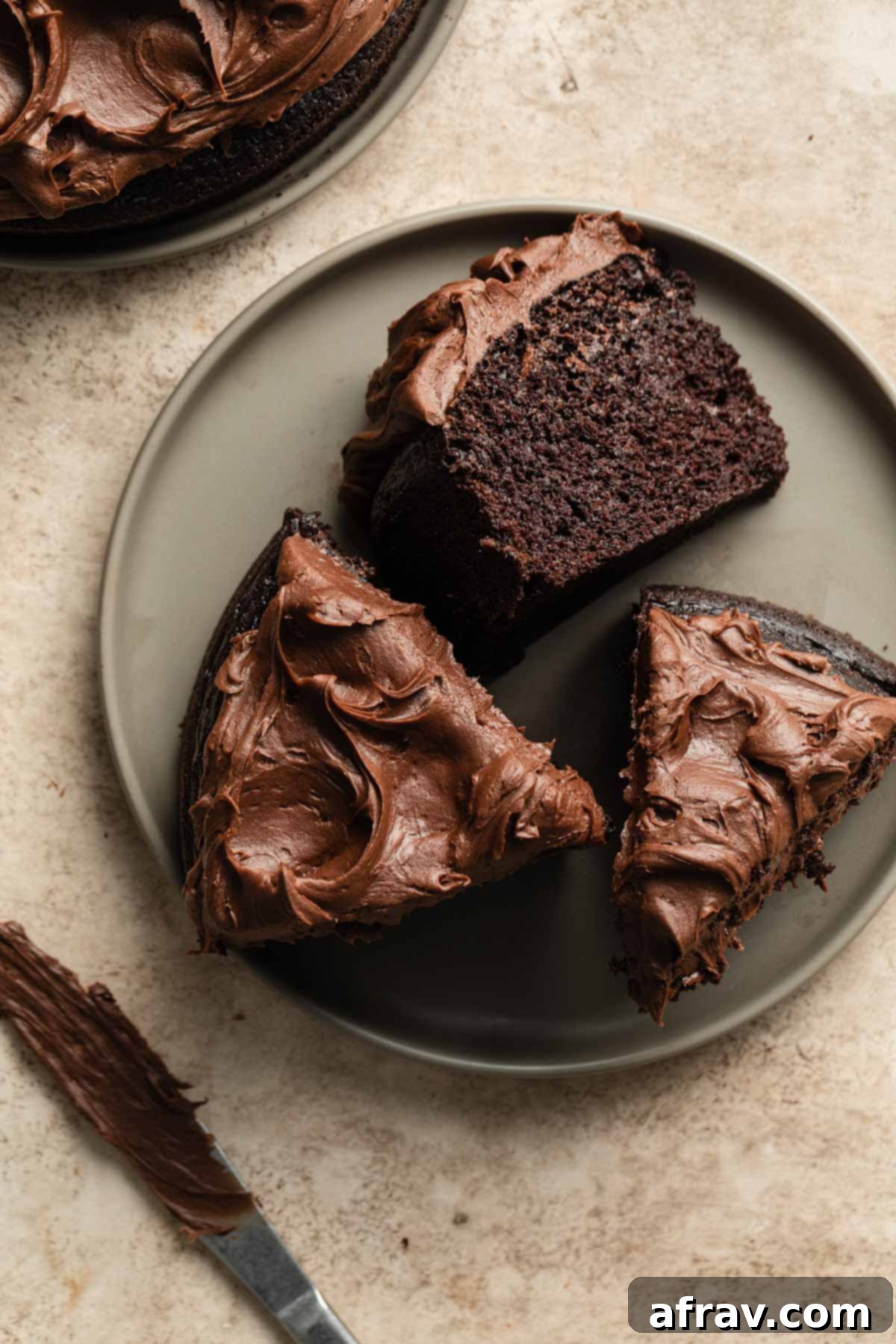 Overhead view of three pieces of chocolate cake on a beige plate.