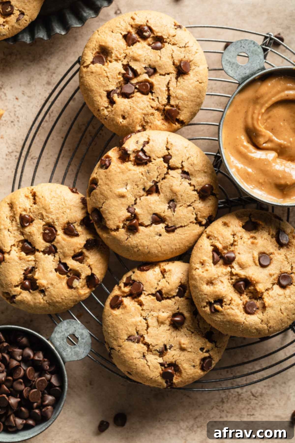 Overhead view of peanut butter chocolate chip cookies on a round wire rack.