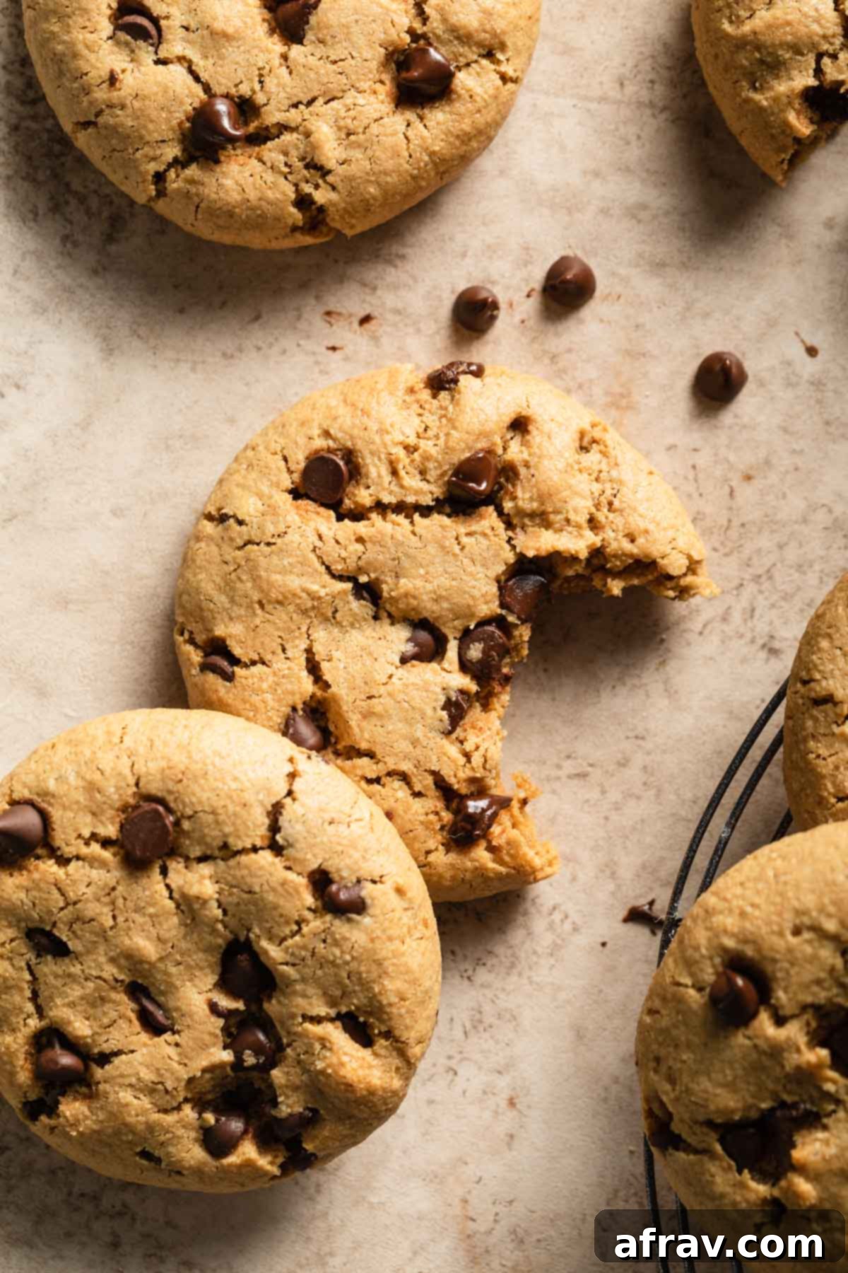 Close up of a peanut butter cookie with a bite taken out of it.