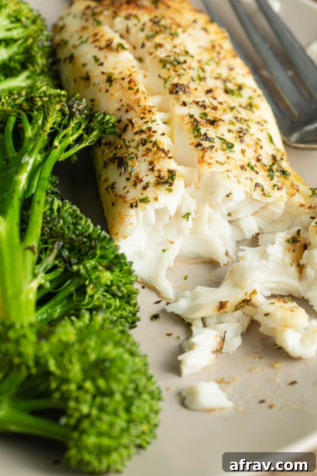 Close up side view of a piece of cooked tilapia flaked apart with a fork, showing its tender, moist texture.