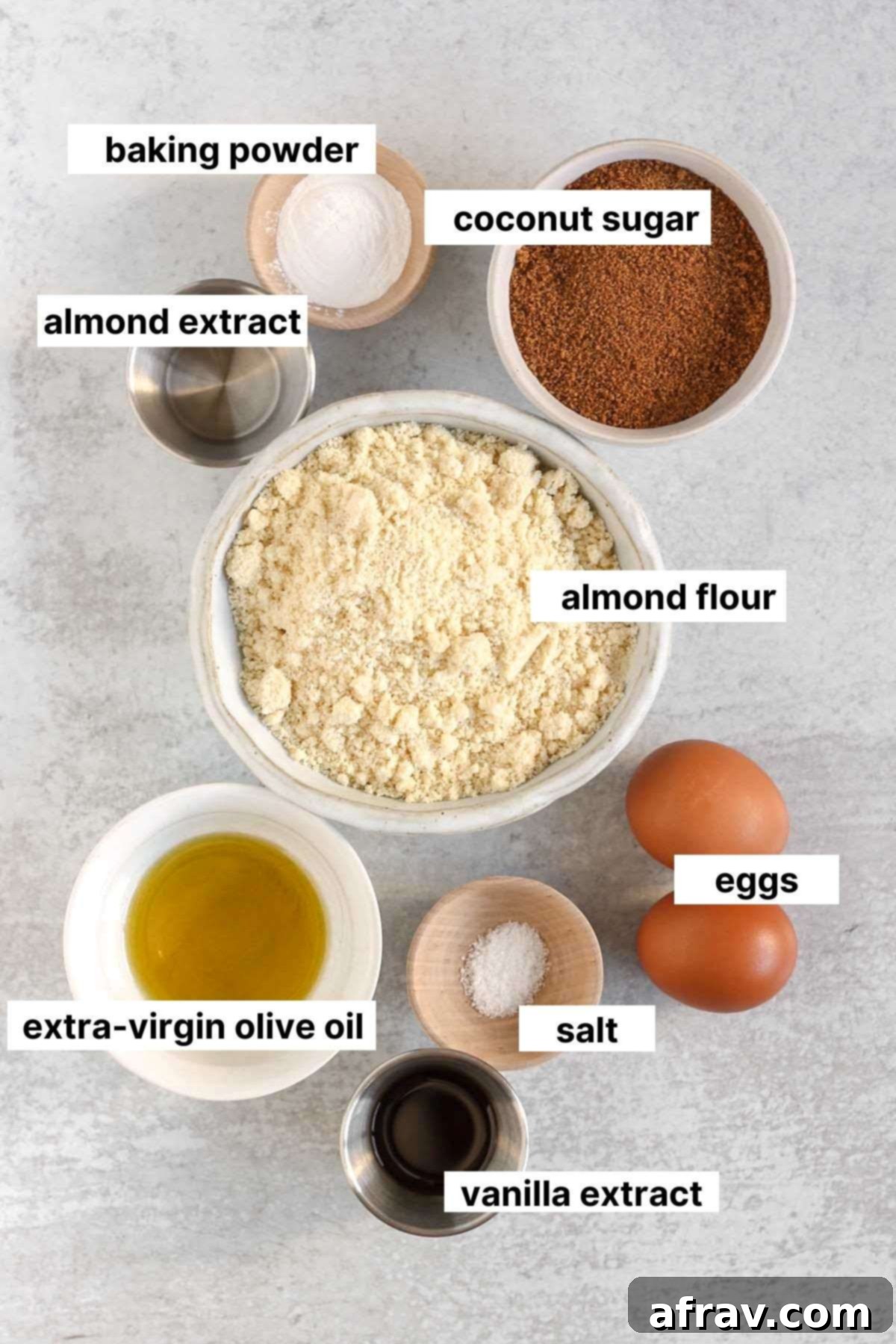 Labeled ingredients for almond flour biscotti.