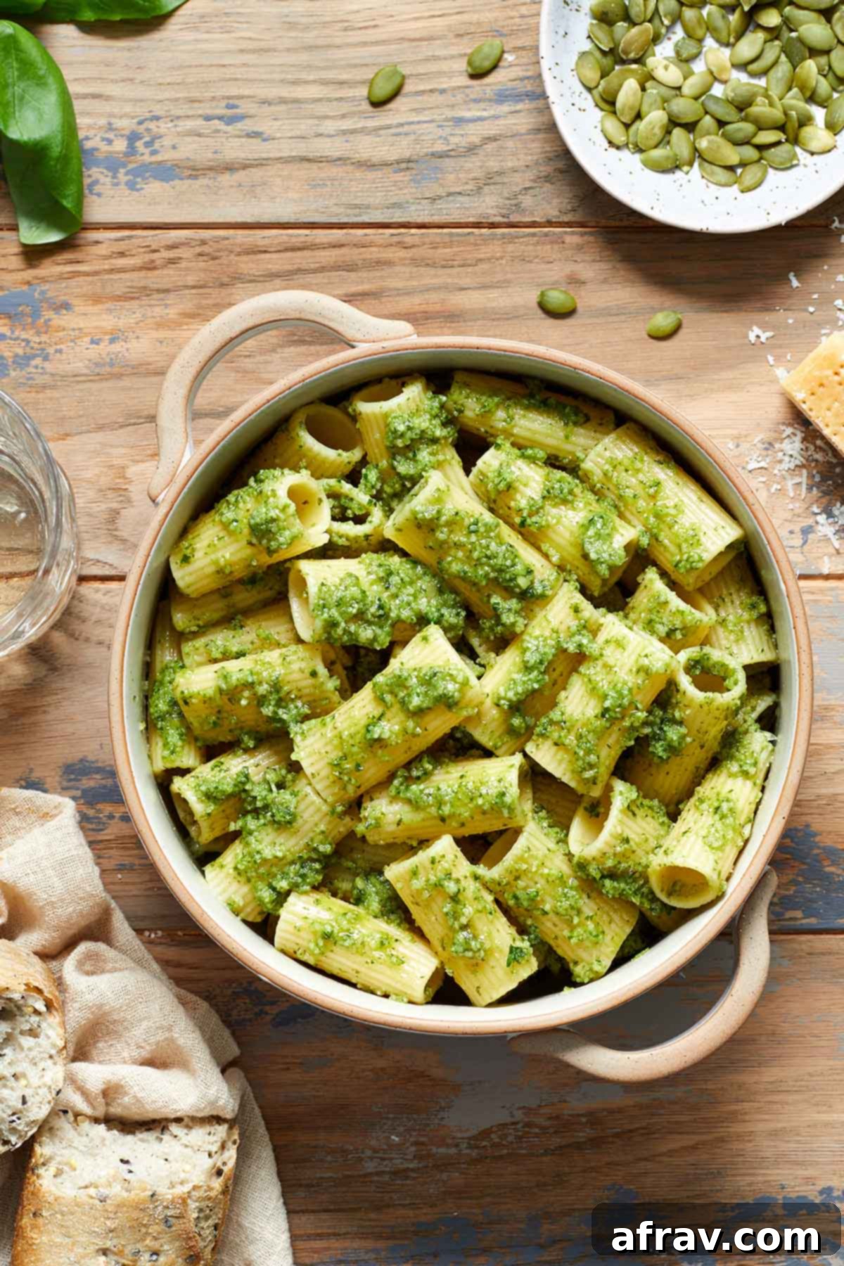 Pesto pasta in a bowl with crusty bread, cheese and pumpkin seeds on the side, showcasing a delicious meal idea.