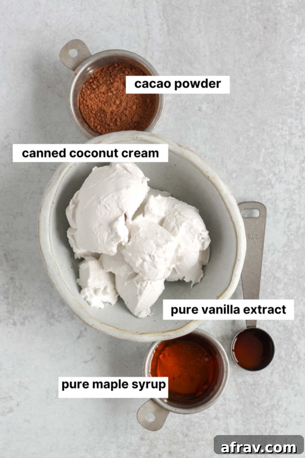 Labeled ingredients for vegan chocolate mousse.