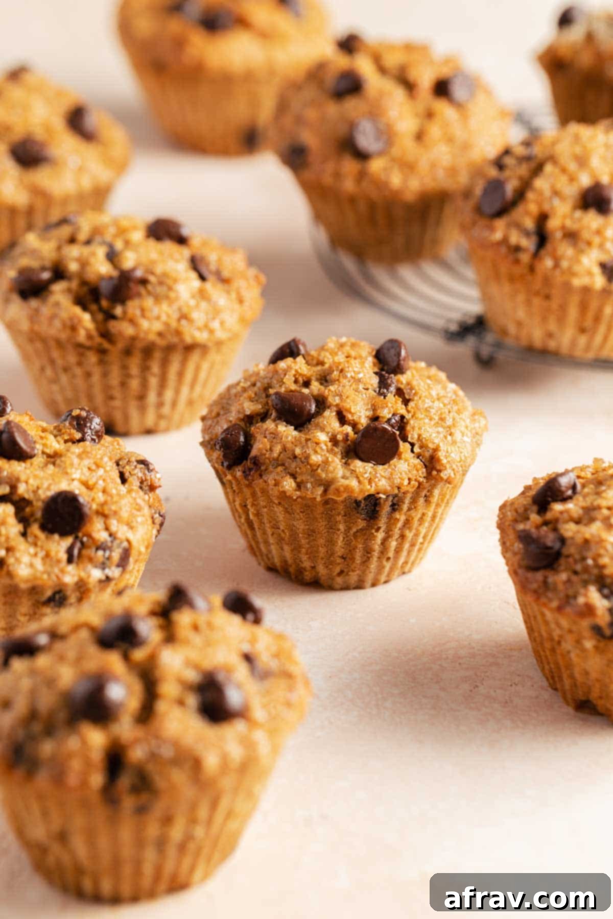 Chocolate chip muffins arranged on a pink surface.
