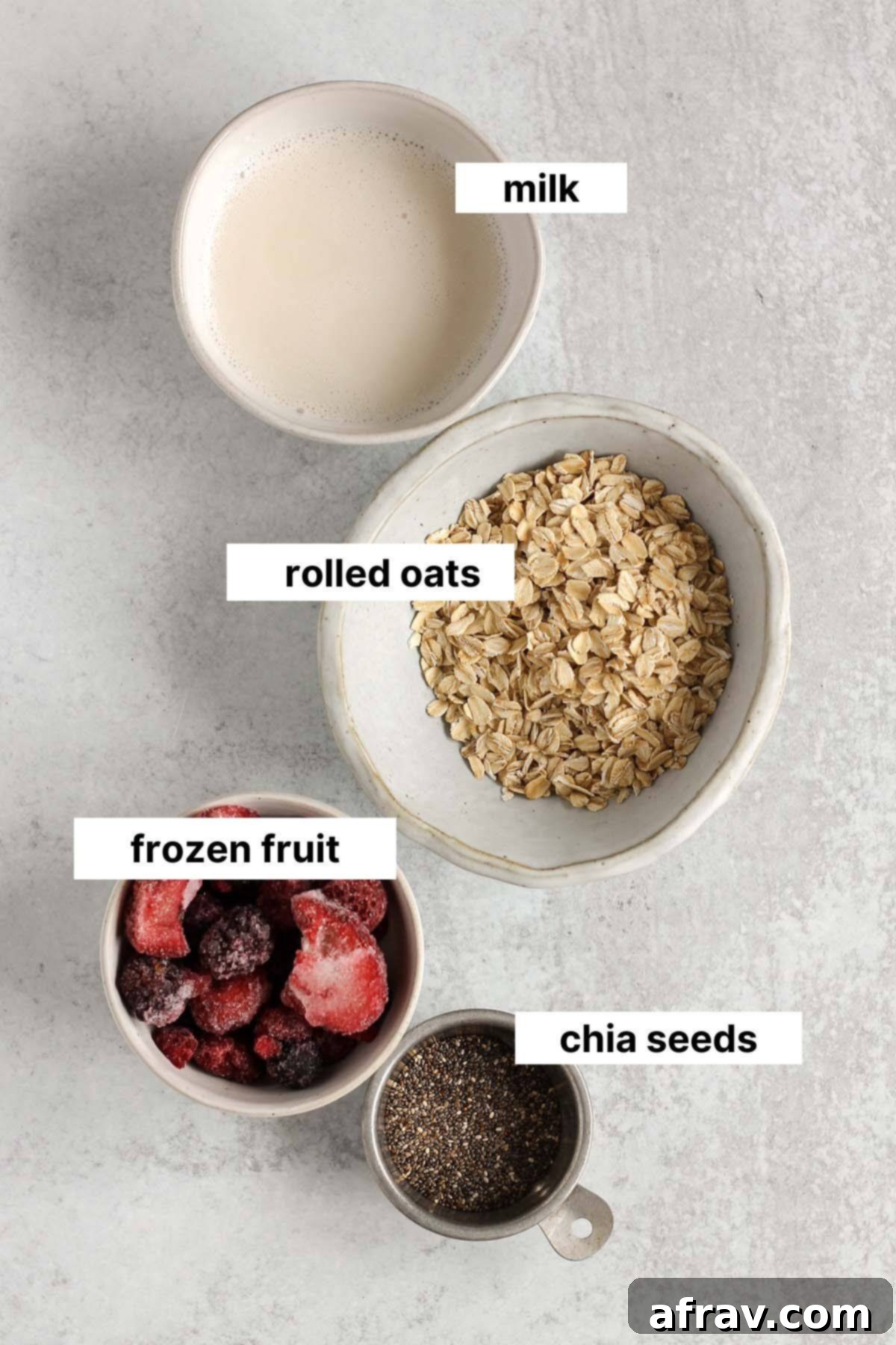 Labeled ingredients for overnight oats with frozen fruit.