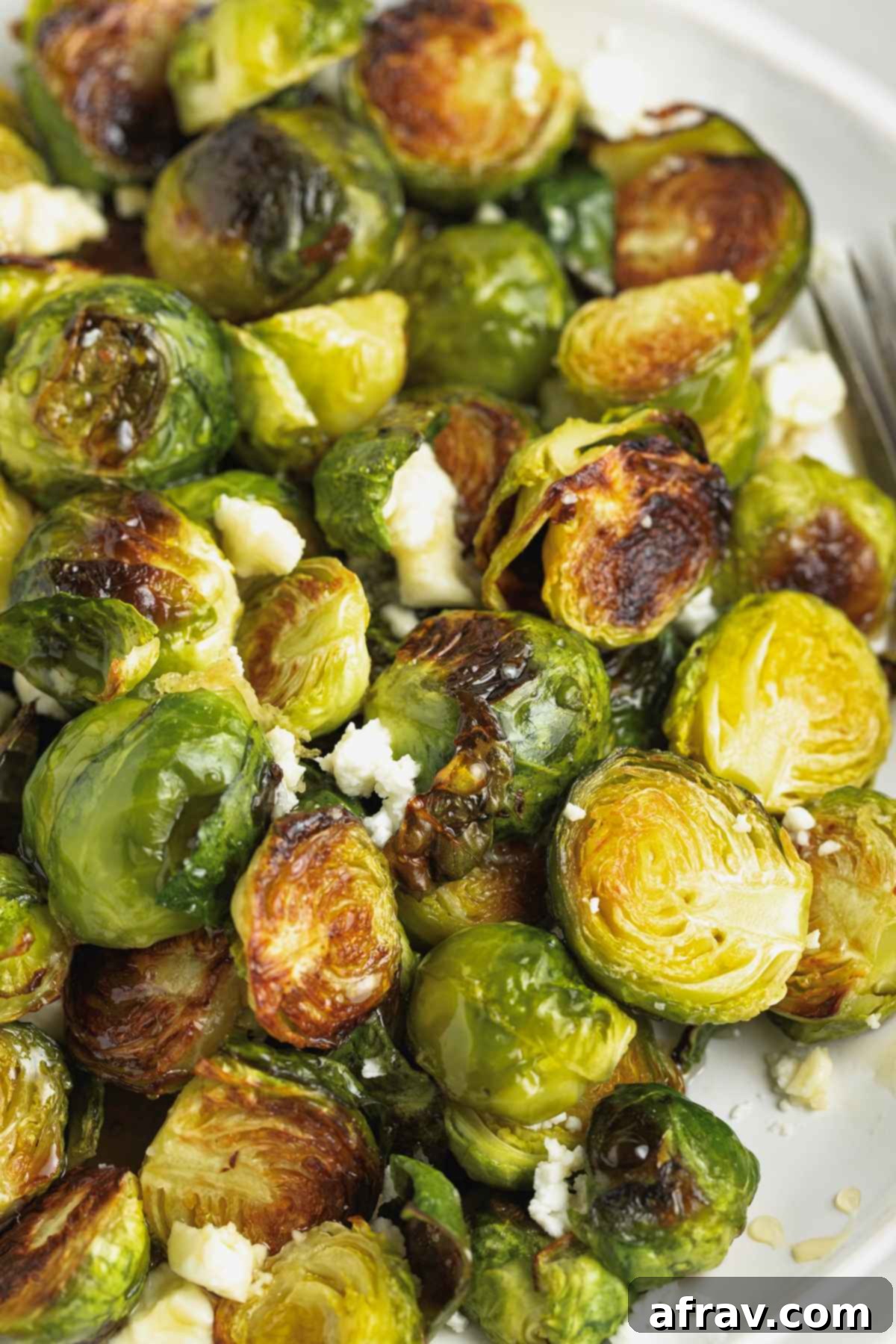 Roasted brussels sprouts with goat cheese crumbles and drizzled with honey on a round white plate, ready to be served.