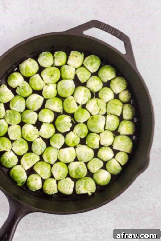 Sliced Brussels sprouts placed cut-side down in a cast iron skillet, preparing for the initial sear.