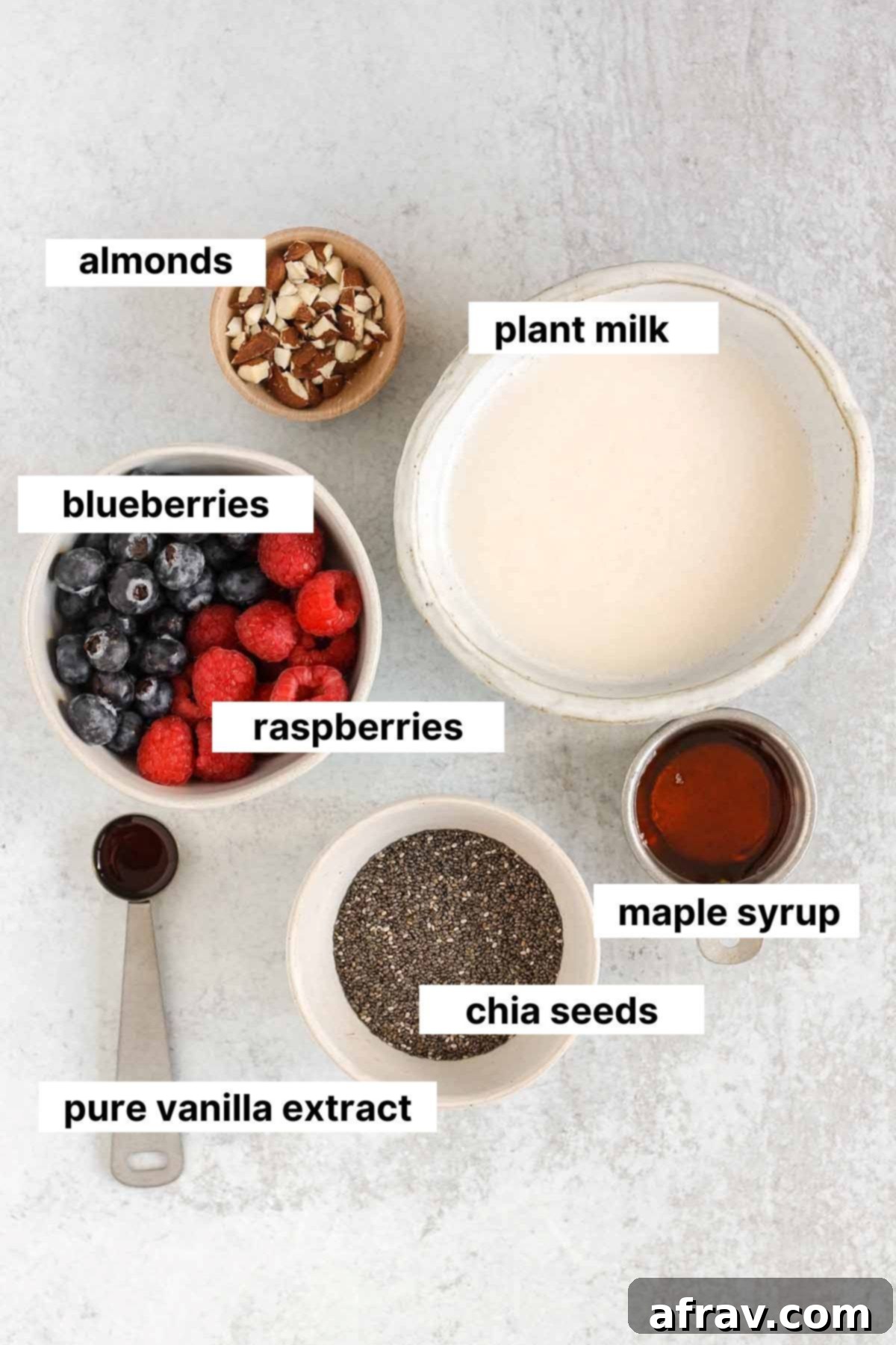 Labeled ingredients for chia breakfast bowl.