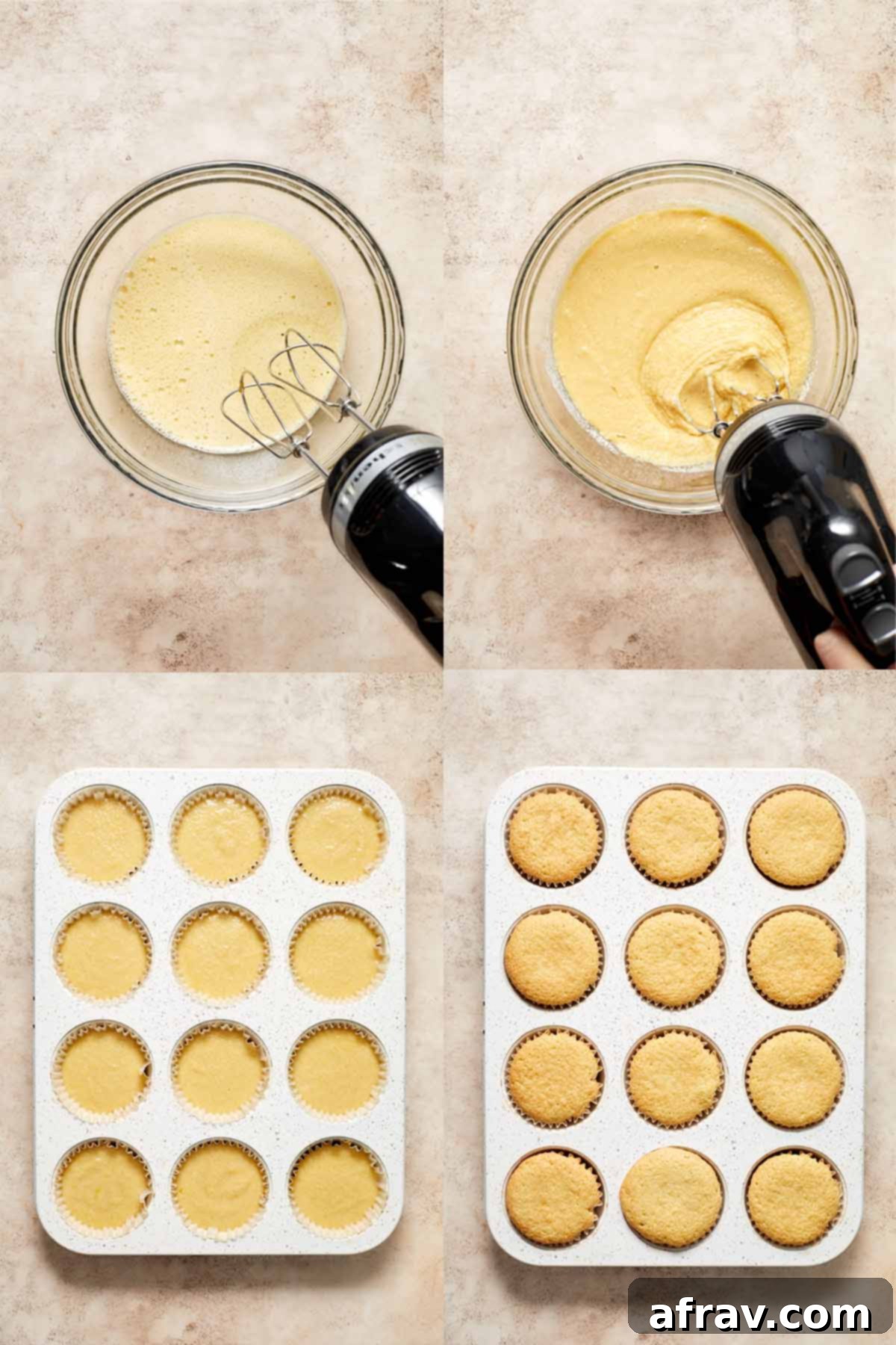 Collage of 4 photos showing how the eggs and sugar are beaten together, the mixed batter, the batter in the muffin pan and the baked cupcakes in the muffin pan. A visual guide for baking these gluten-free cupcakes.