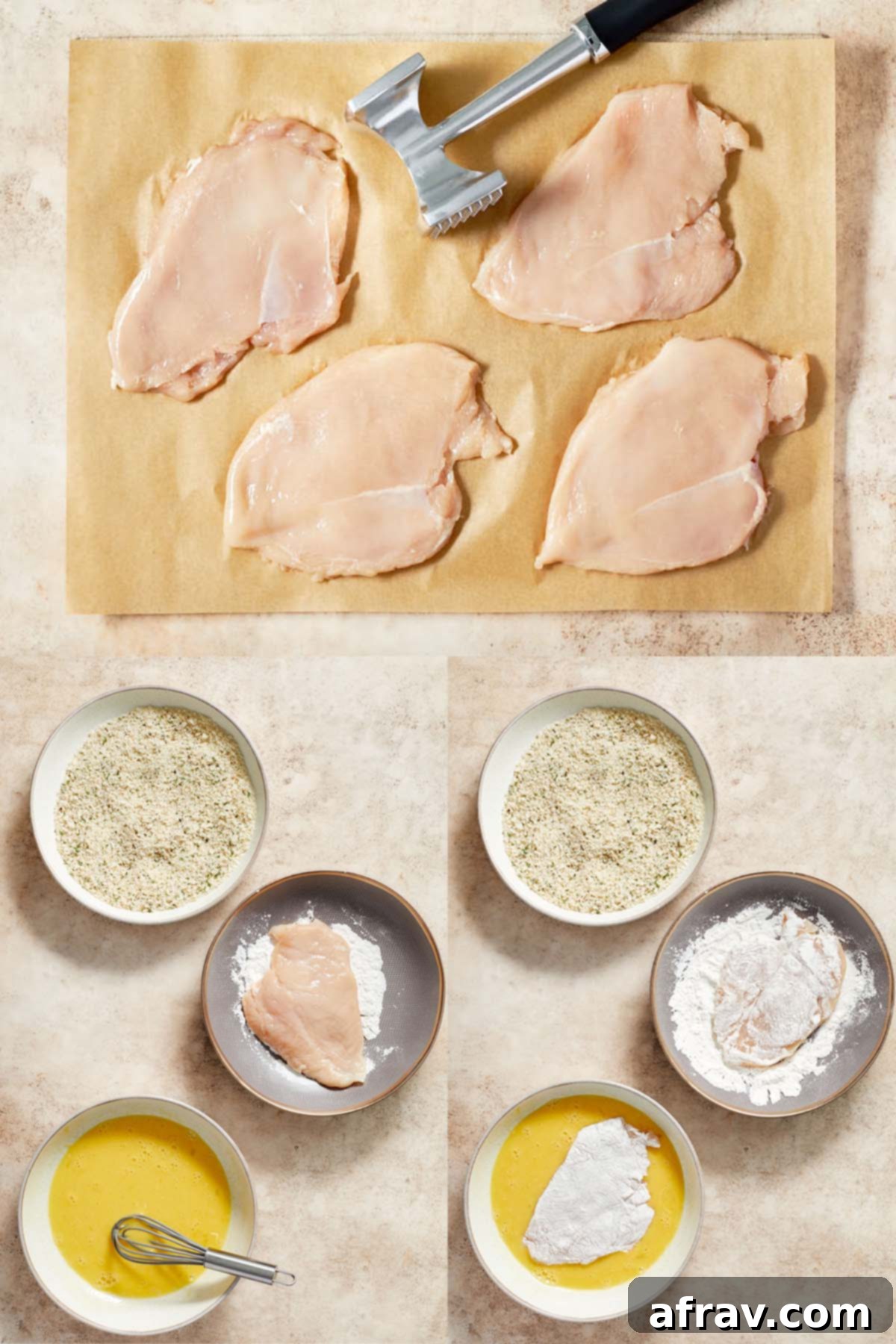 Collage of three images showing the process: flattening chicken breasts, dredging in flour, then coating in egg mixture and finally seasoned panko bread crumbs.