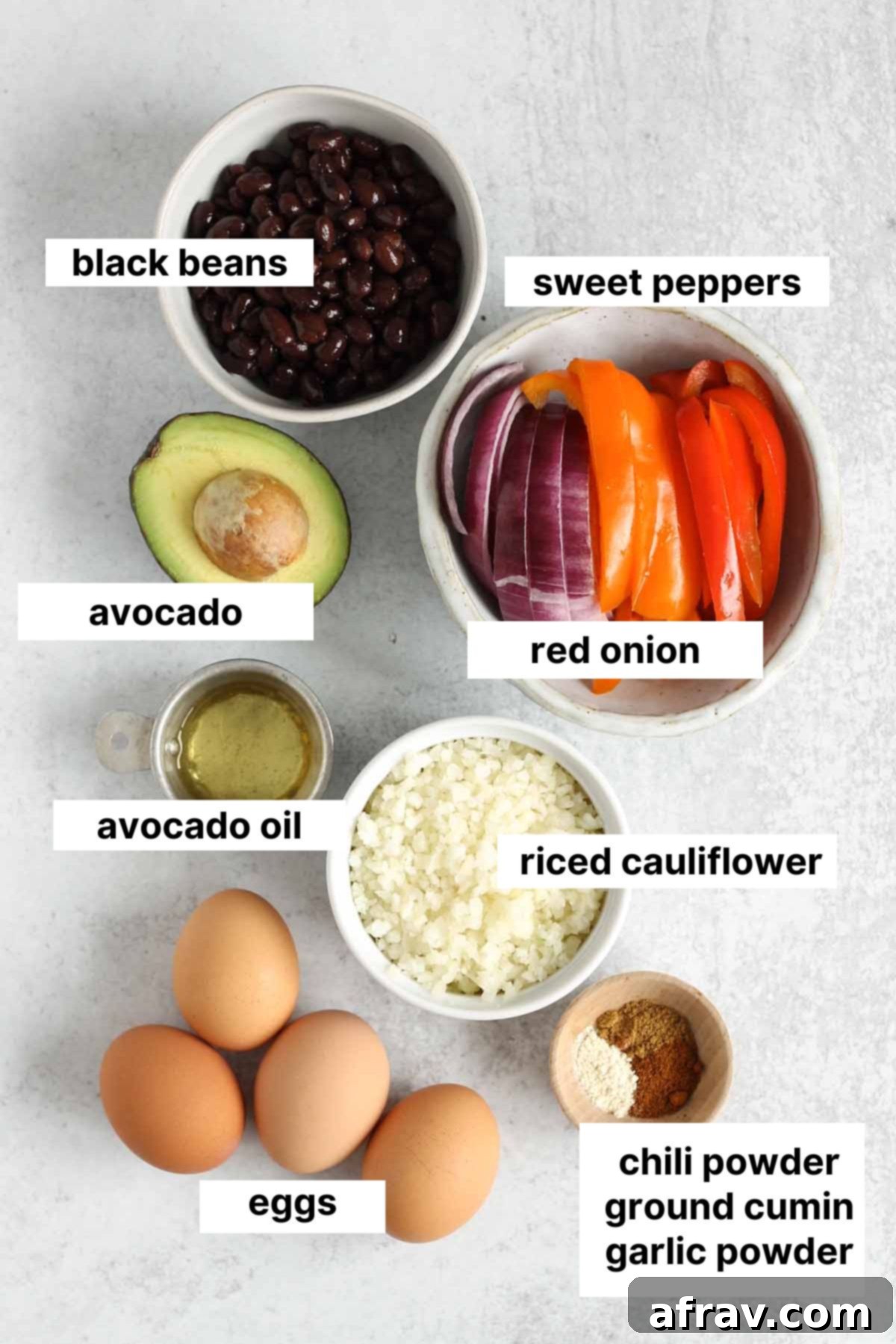 Labeled ingredients for a breakfast burrito bowl.