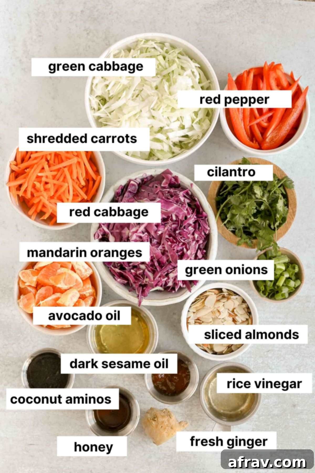 Labeled ingredients for Asian cabbage salad.